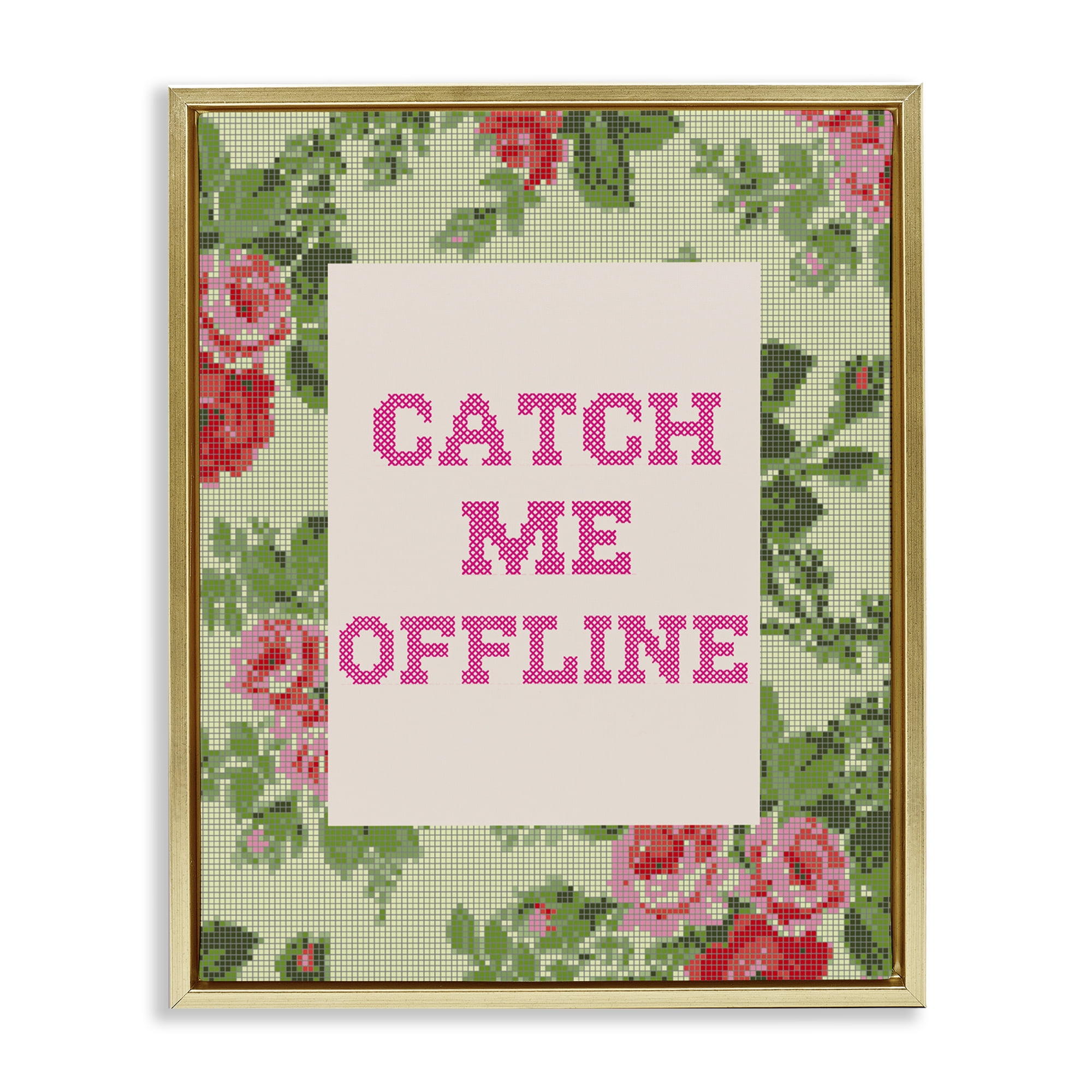Stupell Industries Catch Me Offline Faux Cross Stitch Gold Framed Floater Canvas Wall Art, design by Lil' Rue