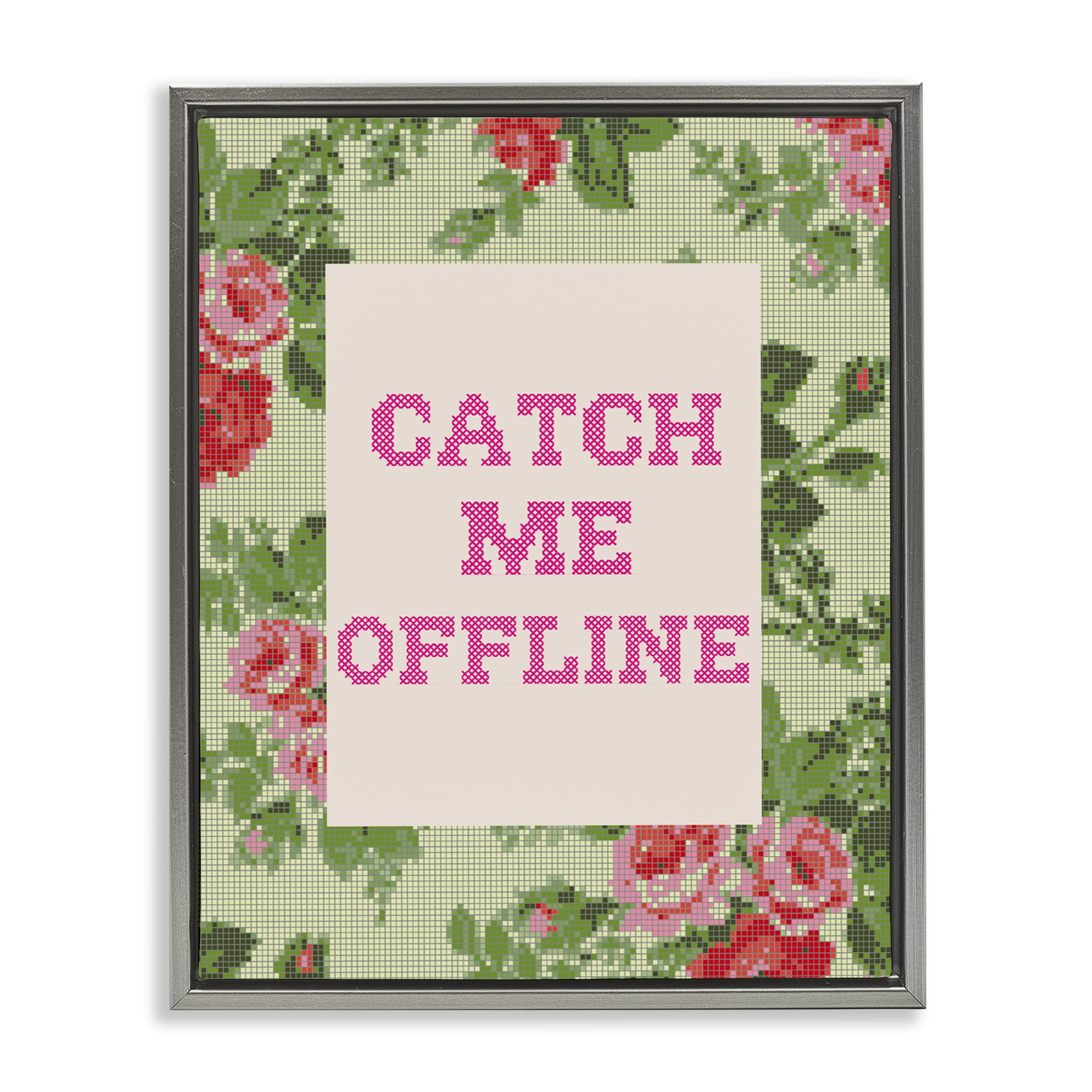 Stupell Industries Catch Me Offline Faux Cross Stitch Gray Framed Floater Canvas Wall Art, design by Lil' Rue