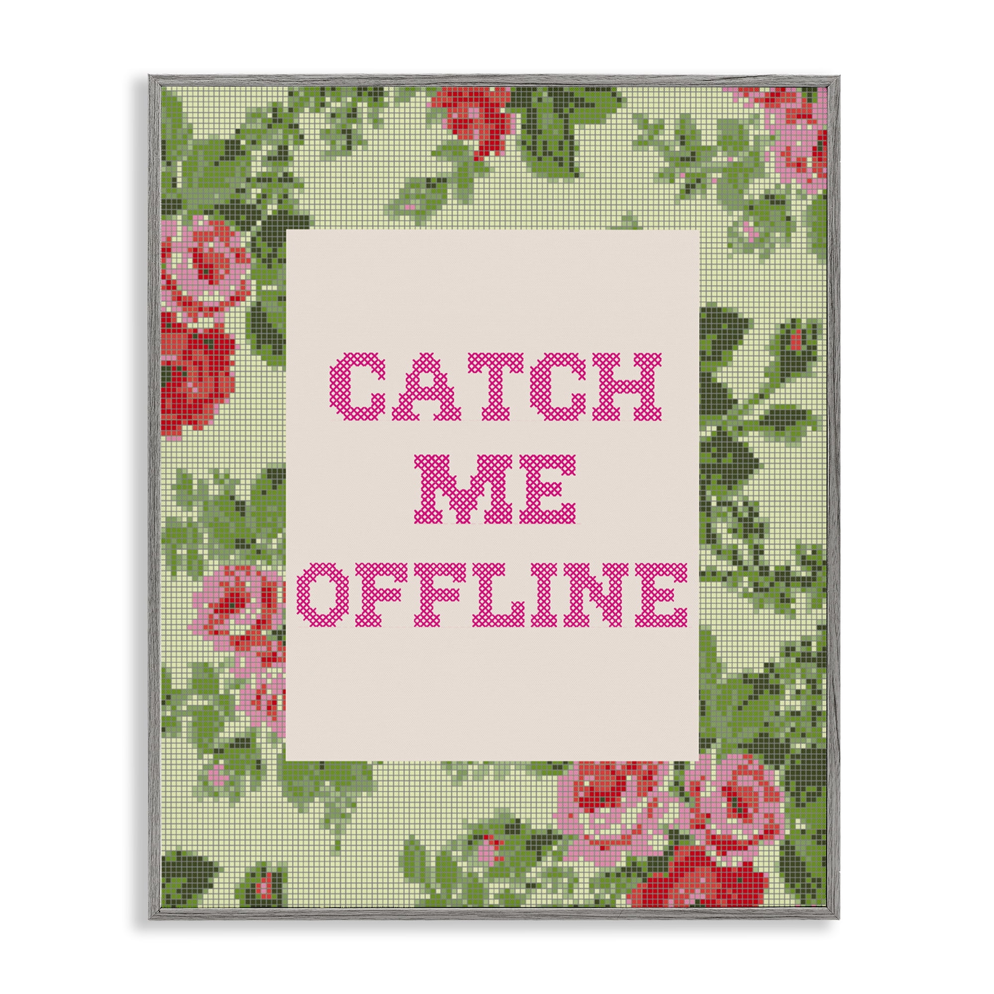 Stupell Industries Catch Me Offline Faux Cross Stitch Gray Framed Giclee Art, design by Lil' Rue