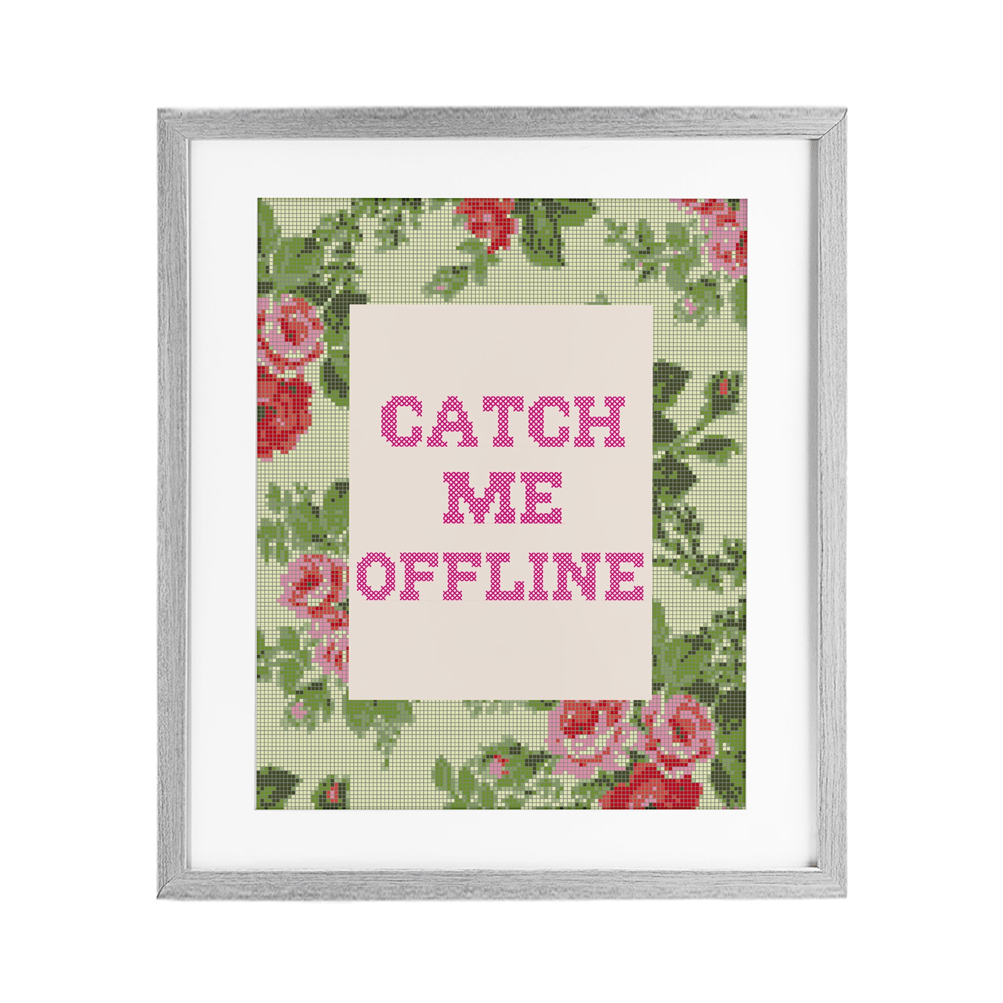 Stupell Industries Catch Me Offline Faux Cross Stitch Gray Framed Print Under Glass, design by Lil' Rue