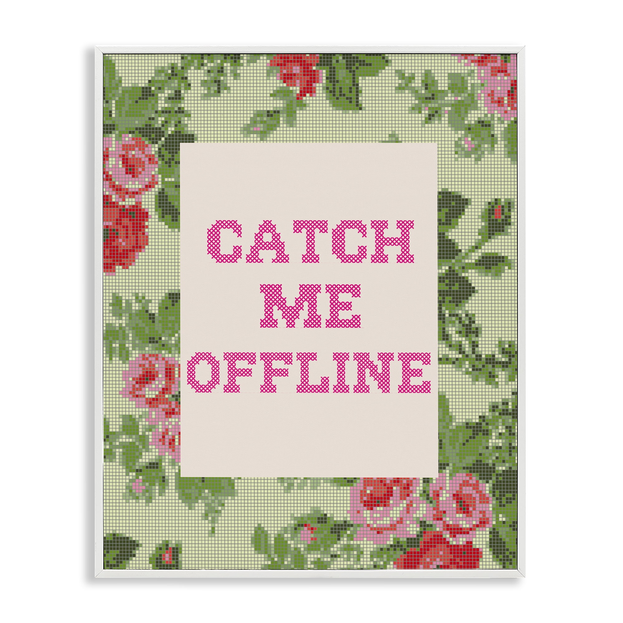 Stupell Industries Catch Me Offline Faux Cross Stitch White Framed Giclee Art, design by Lil' Rue