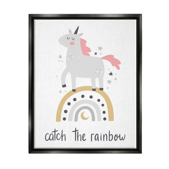 Stupell Industries Catch The Rainbow Unicorn Fairy Tales & Fantasy Painting Black Floater Framed Art Print Wall Art, 17 x 21
