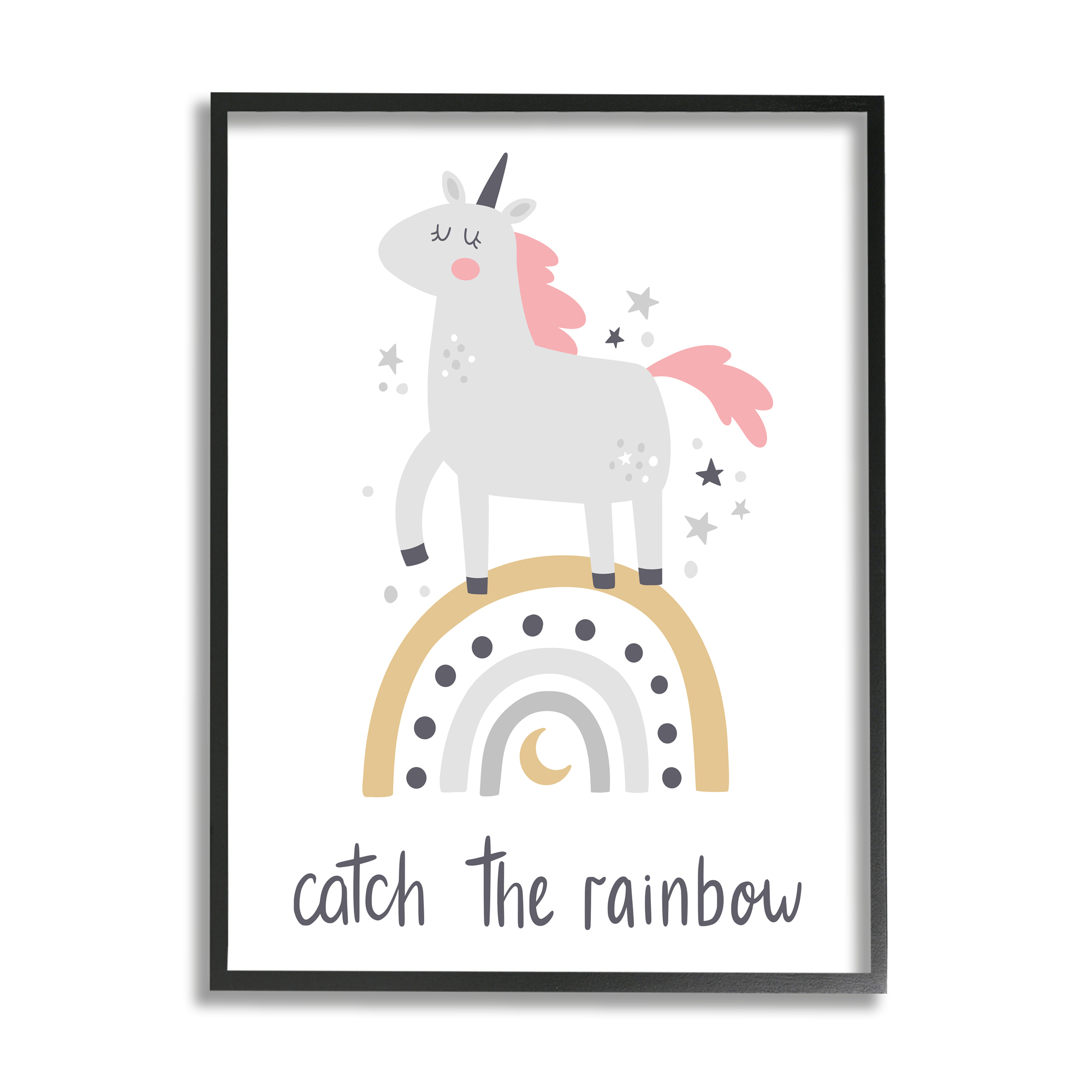 Stupell Industries Catch The Rainbow Unicorn Fairy Tales & Fantasy Painting Black Framed Art Print Wall Art, 11 x 14
