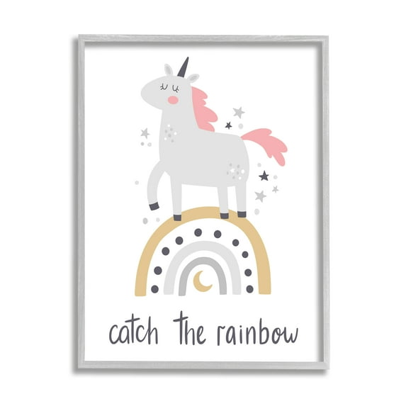 Stupell Industries Catch The Rainbow Unicorn Fairy Tales & Fantasy Painting Gray Framed Art Print Wall Art, 24 x 30