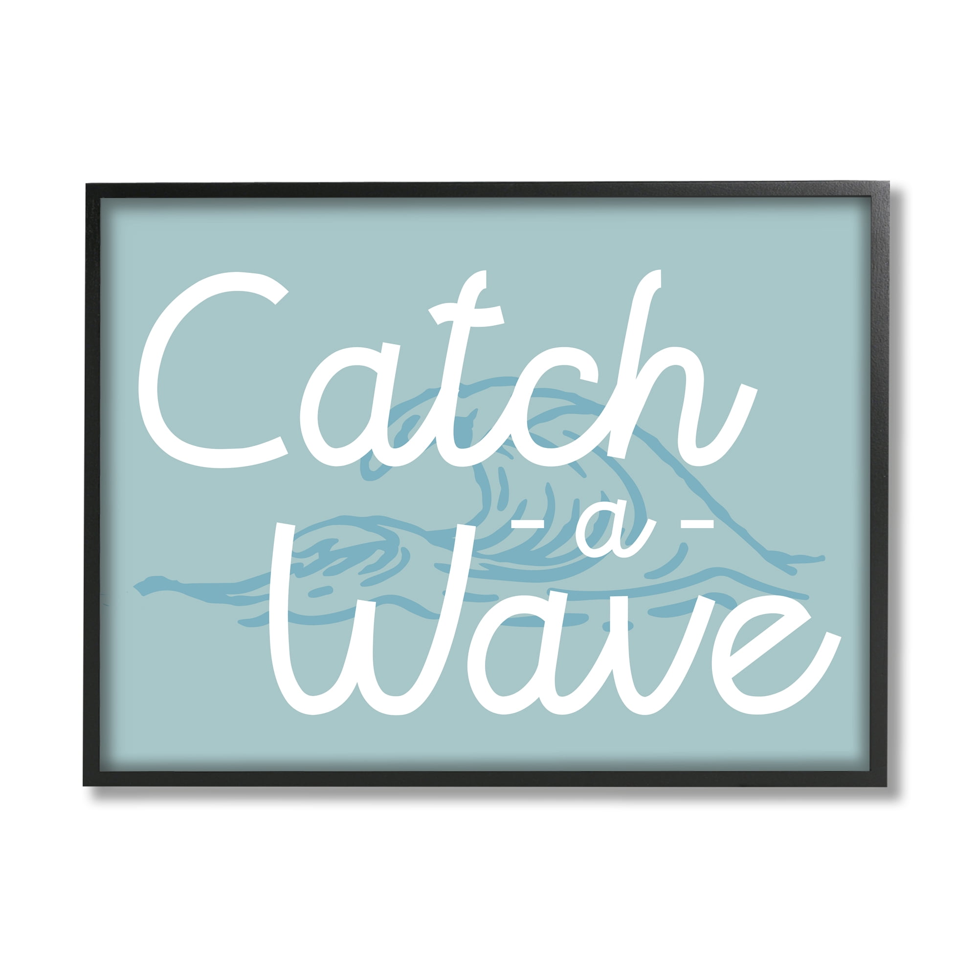 Stupell Industries Catch a Wave Phrase Landscape Painting Black Framed Art Print Wall Art, 20 x 16