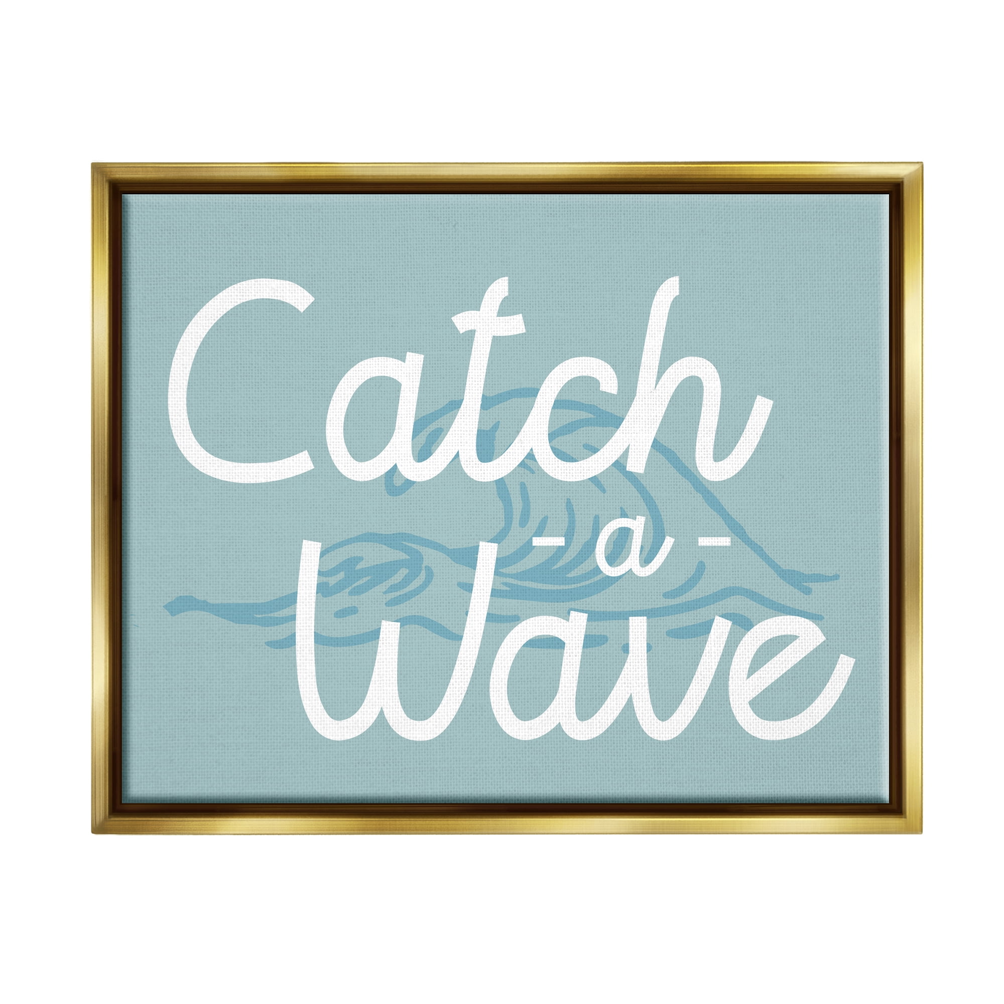 Stupell Industries Catch a Wave Phrase Landscape Painting Gold Floater Framed Canvas Art Print Wall Art, 21 x 17