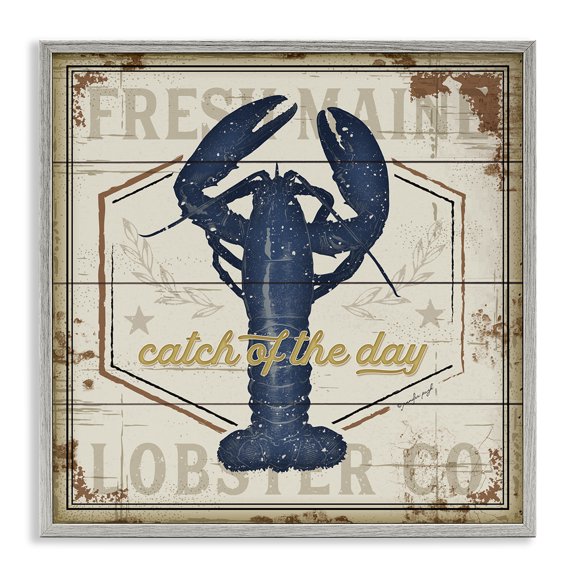 Stupell Industries Traditional Catch of the Day Vintage Blue Lobster Plank Pattern Gray Framed Giclee Art, 12 x 12, by Jennifer Pugh