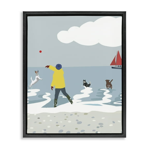 Stupell Industries Catching Ball on Beach Nautical & Beach Painting Black Floater Framed Canvas Art Print Wall Art, 17 x 21