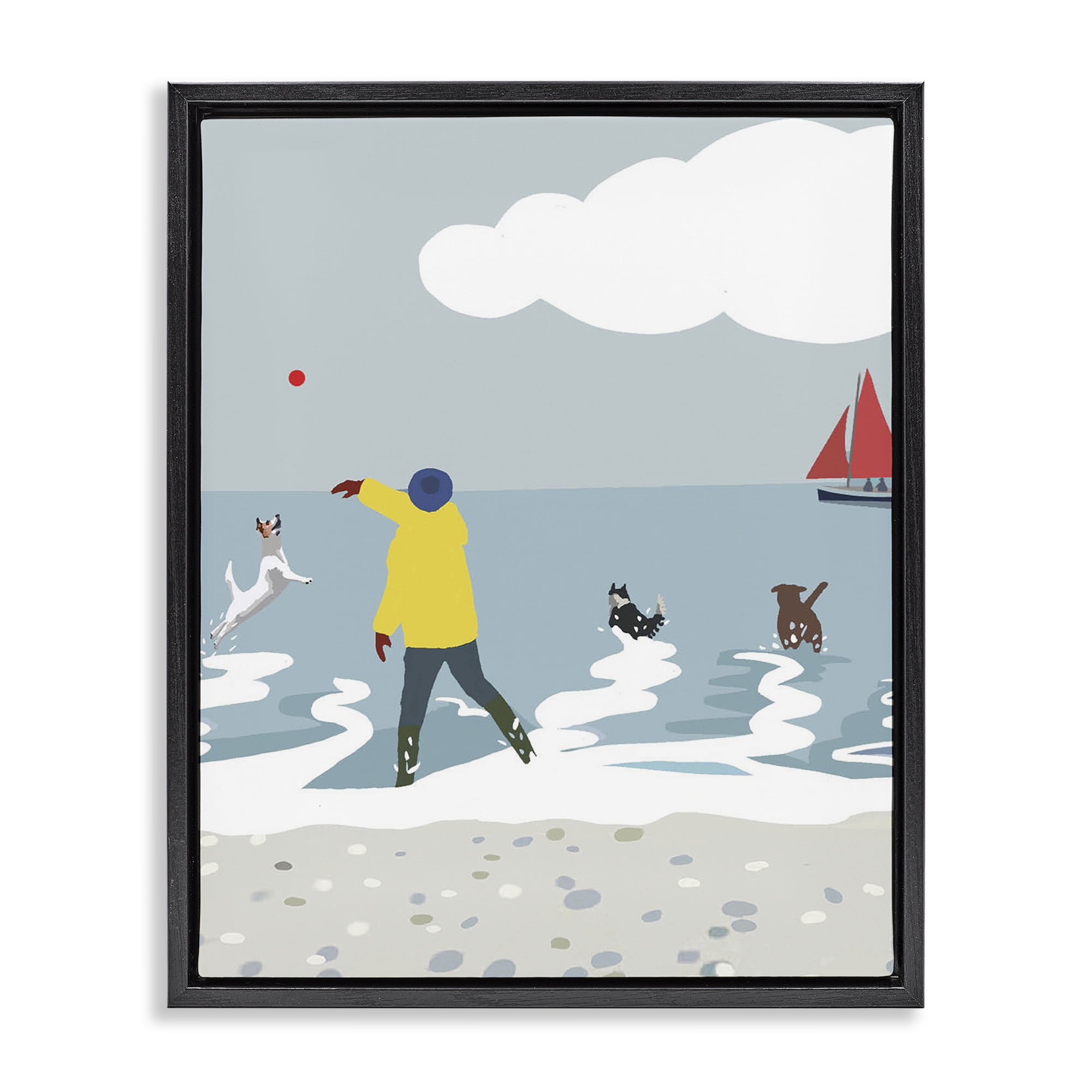 Stupell Industries Catching Ball on Beach Nautical & Beach Painting Black Floater Framed Canvas Art Print Wall Art, 25 x 31