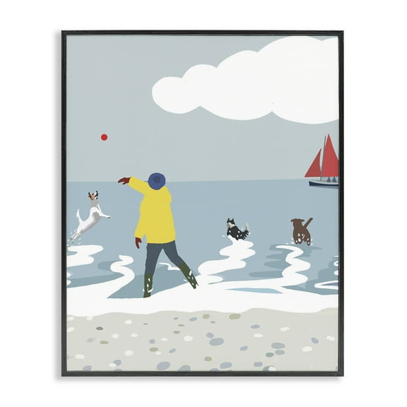 Stupell Industries Catching Ball on Beach Nautical & Beach Painting Black Framed Art Print Wall Art, 11 x 14