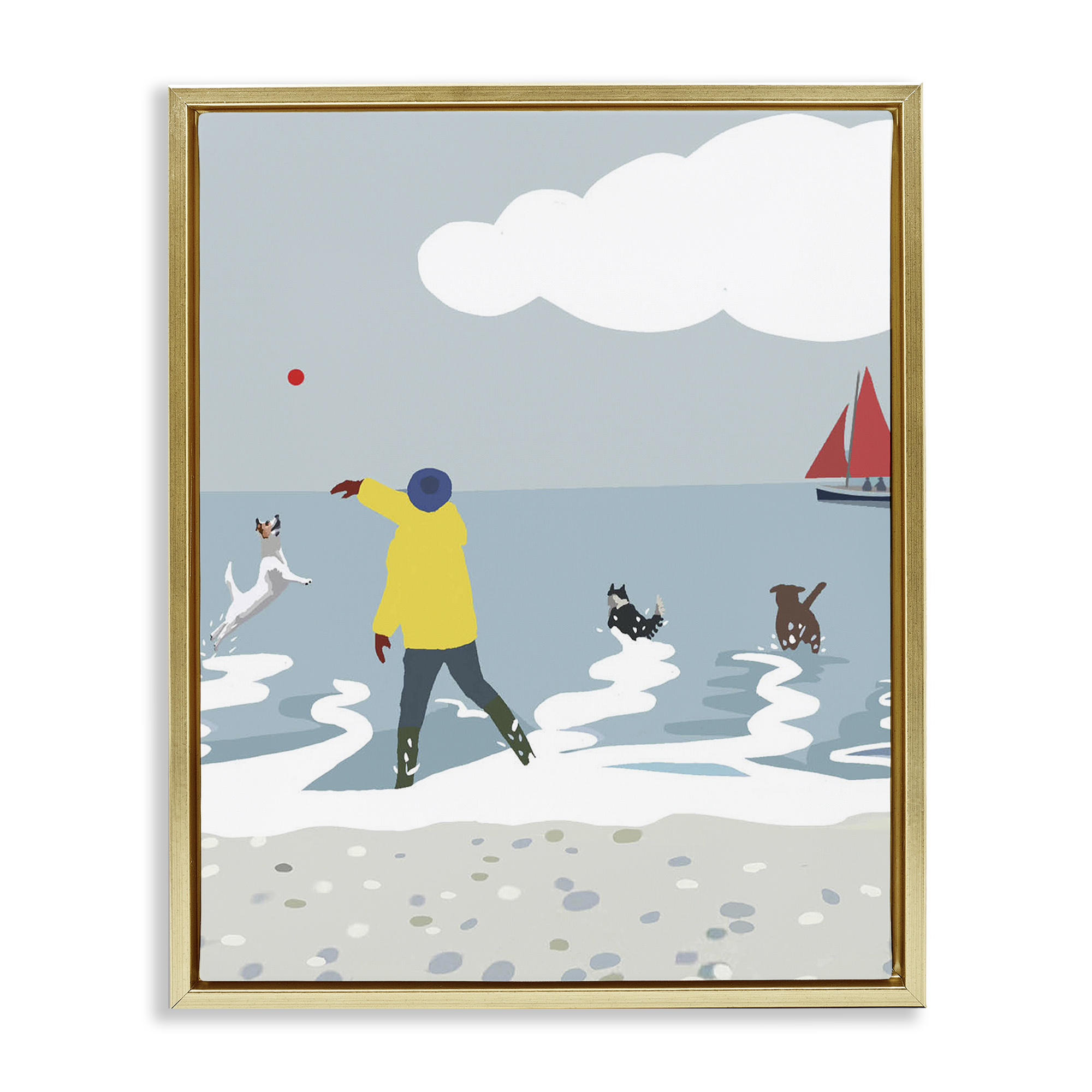Stupell Industries Catching Ball on Beach Nautical & Beach Painting Gold Floater Framed Canvas Art Print Wall Art, 17 x 21