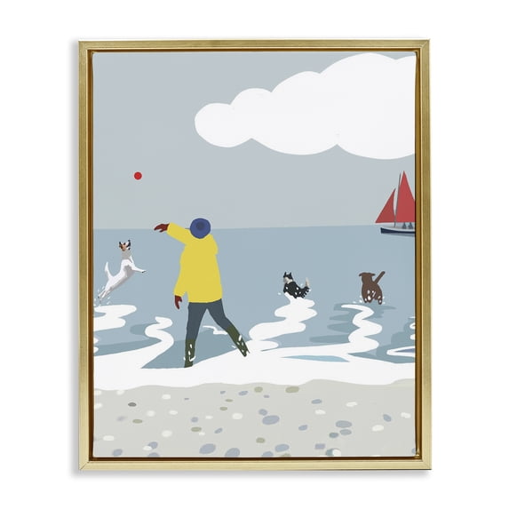 Stupell Industries Tropical Catching Ball on Beach Gold Floating Frame Canvas Art, 25 x 31, by Betty Boynes