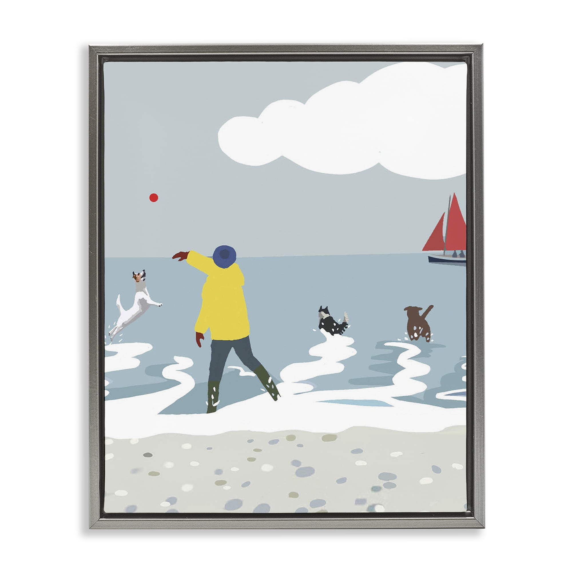 Stupell Industries Catching Ball on Beach Nautical & Beach Painting Gray Floater Framed Canvas Art Print Wall Art, 17 x 21