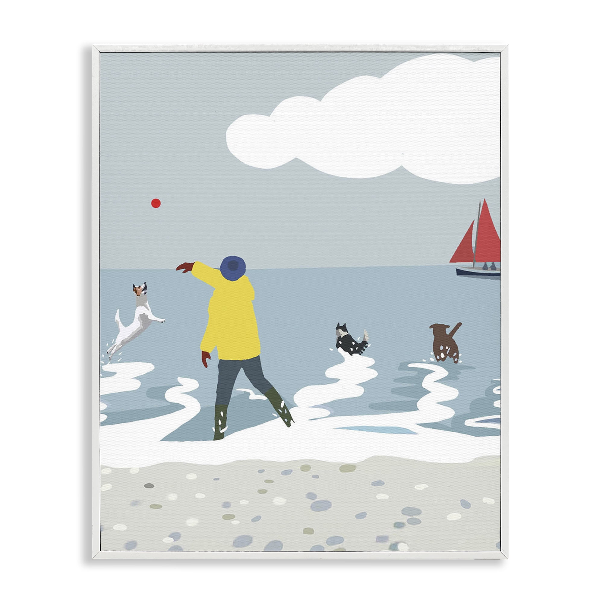 Stupell Industries Catching Ball on Beach Nautical & Beach Painting White Framed Art Print Wall Art, 24 x 30