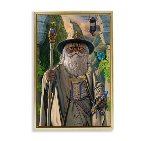 Stupell Industries Catdalf Cat Wizard Gold Framed Floater Canvas Wall Art design by Vincent Hie, 25 x 17