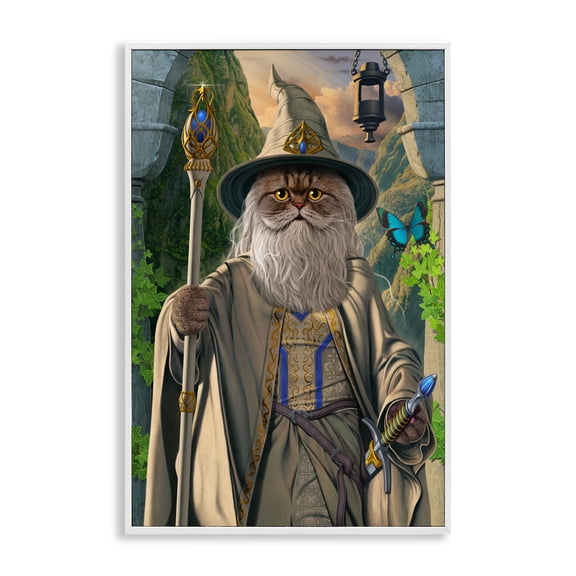Stupell Industries Catdalf Cat Wizard White Framed Giclee Art design by Vincent Hie, 24 x 16