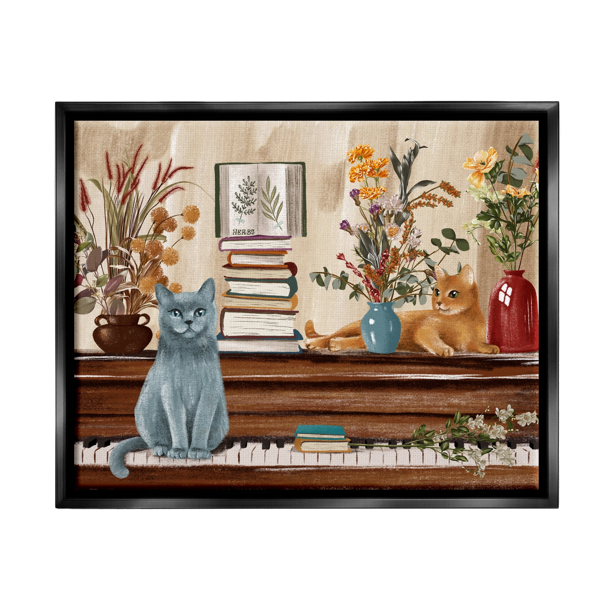 Stupell Industries Cats & Books on Piano Animals & Insects Painting Black Floater Framed Canvas Art Print Wall Art, 31 x 25