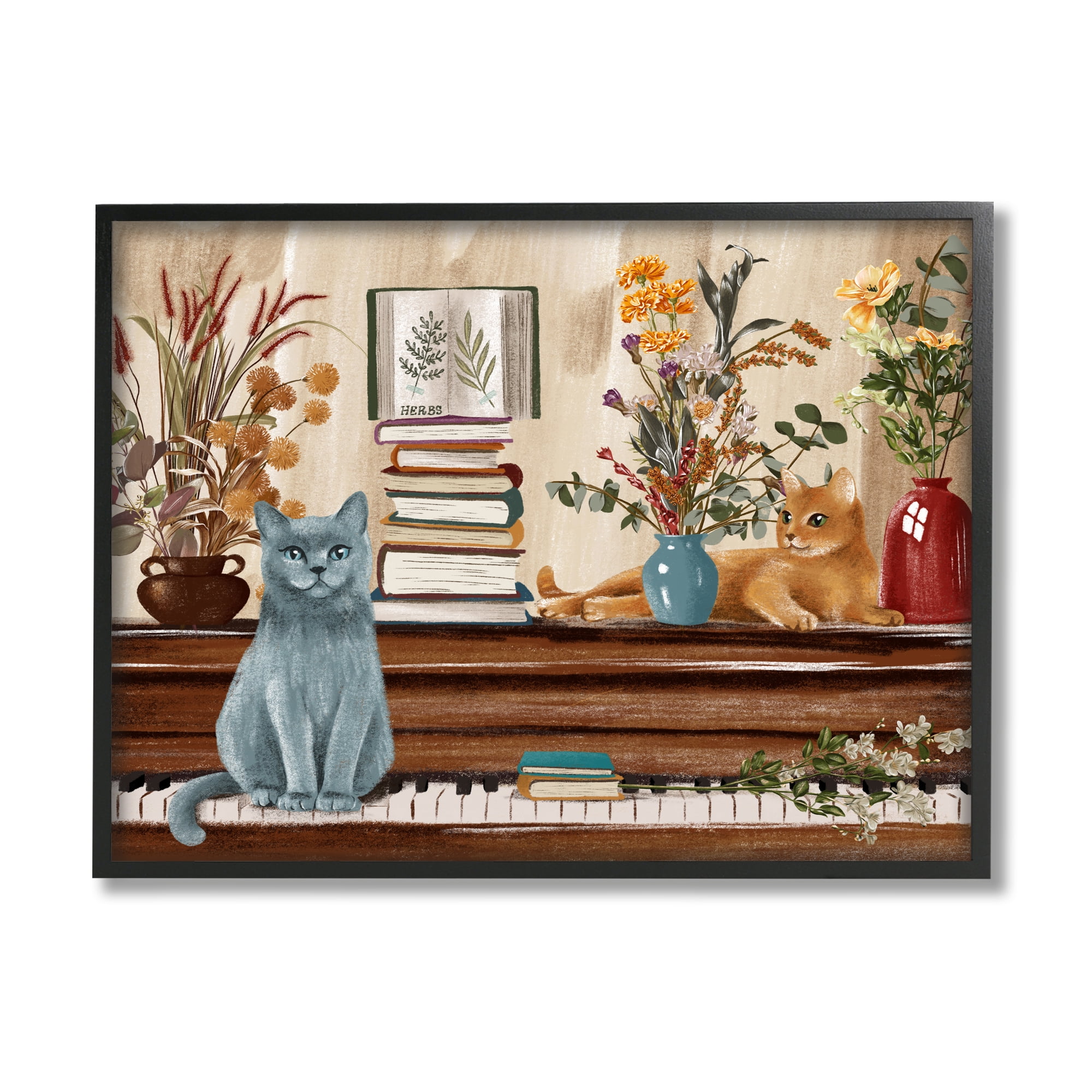 Stupell Industries Cats & Books on Piano Animals & Insects Painting Black Framed Art Print Wall Art, 30 x 24