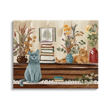 Stupell Industries Cats & Books on Piano Animals & Insects Painting Gallery Wrapped Canvas Art Print Wall Art, 20 x 16