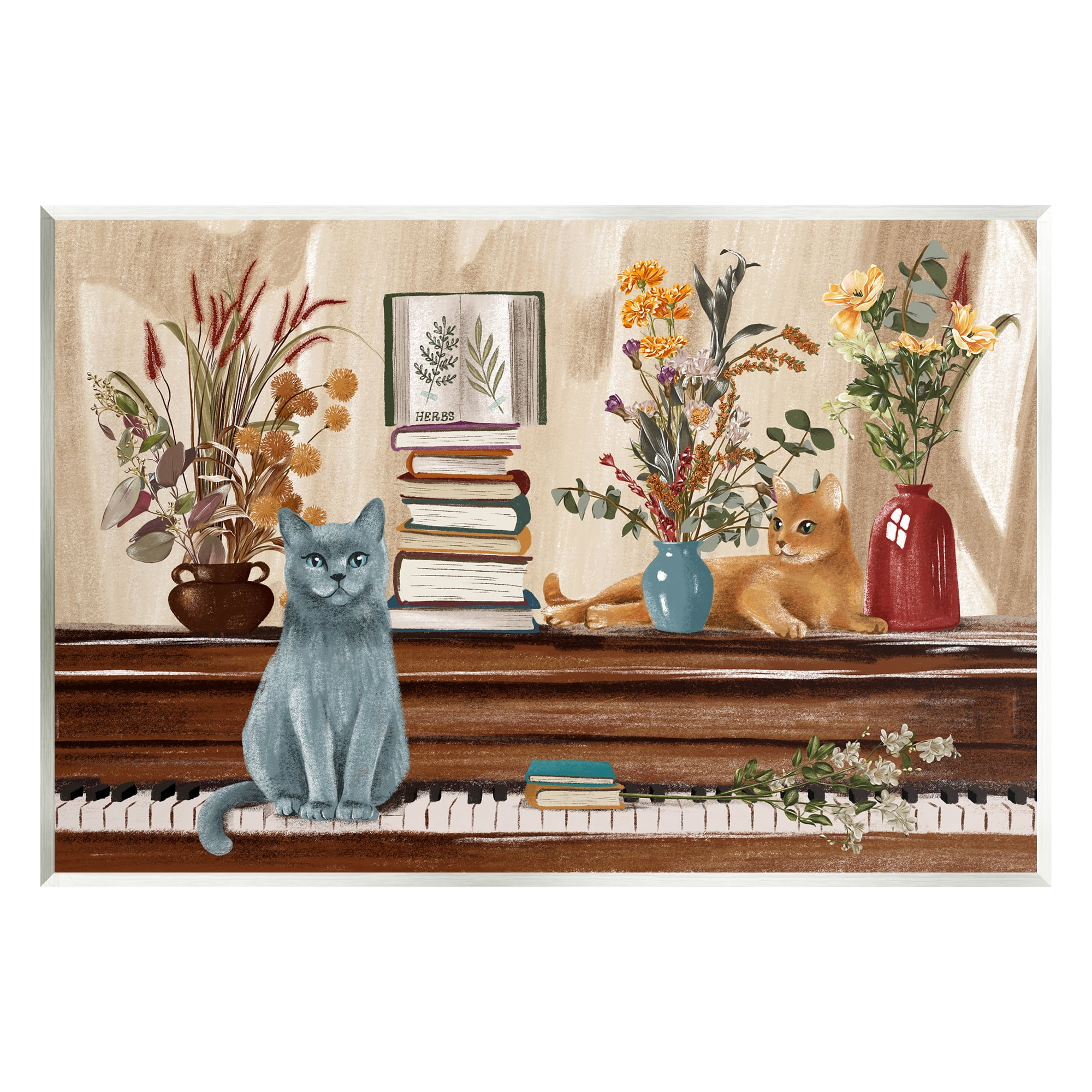 Stupell Industries Cats & Books on Piano Animals & Insects Painting Unframed Art Print Wall Art, 19 x 13