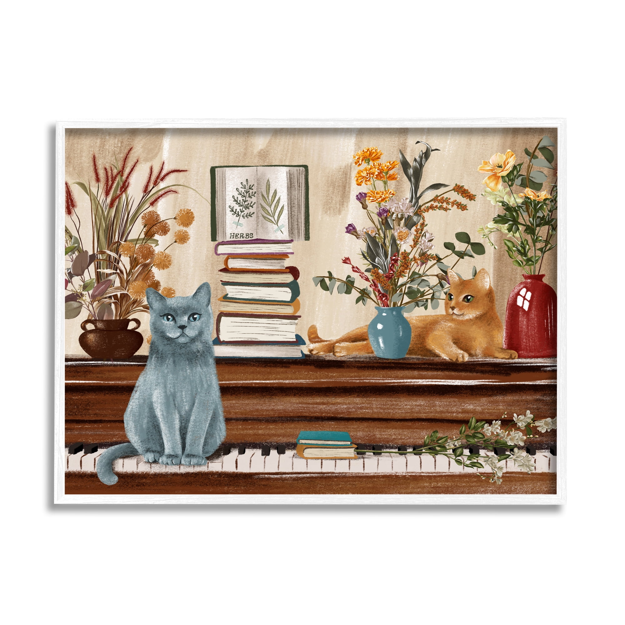 Stupell Industries Cats & Books on Piano Animals & Insects Painting White Framed Art Print Wall Art, 14 x 11