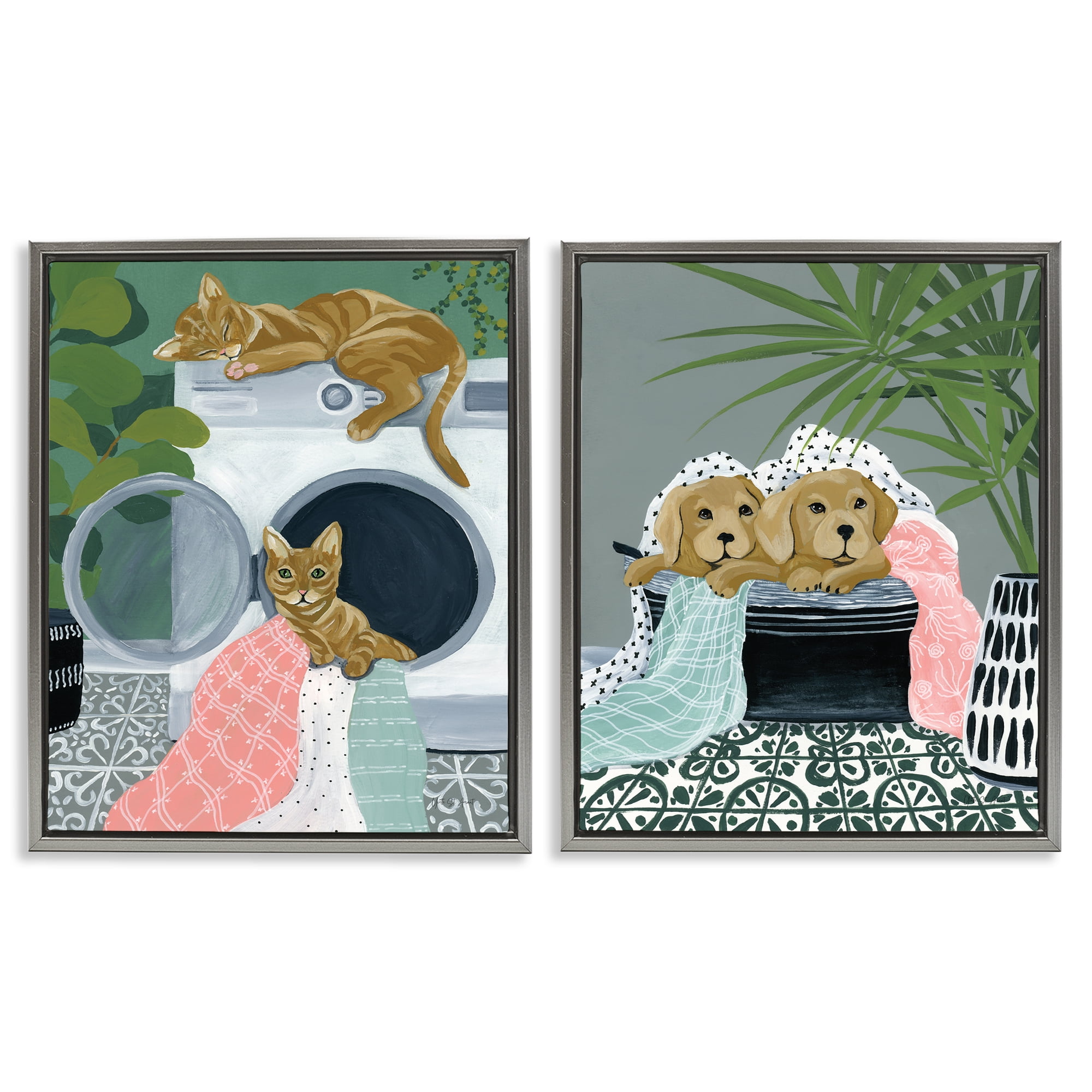 Stupell Industries Cats & Dogs Laundry Room Bath & Laundry Painting Gray Floater Framed Canvas Art Print Wall Art, 17 x 21, Set of 2