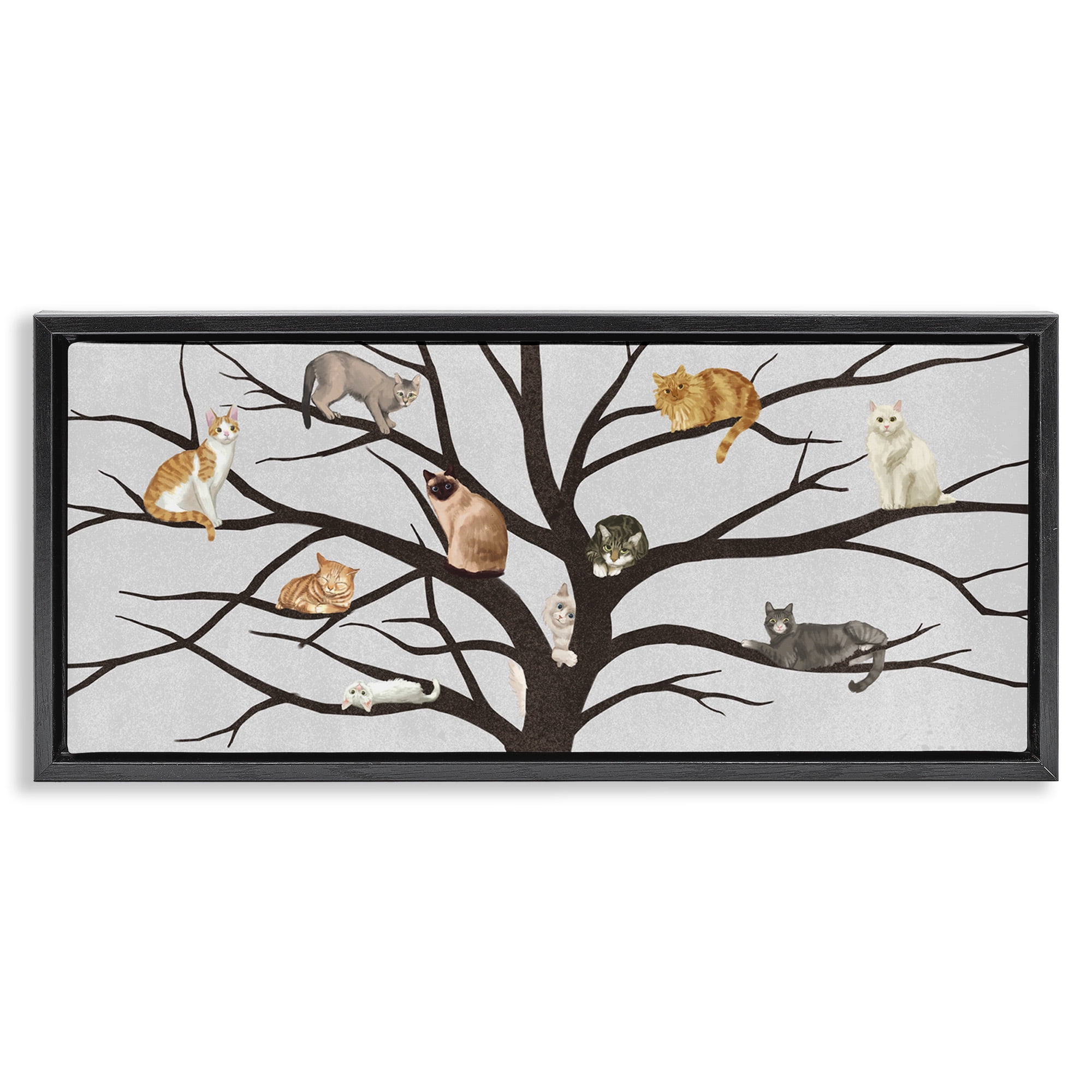 Stupell Industries Cats In Tree Pet Painting Animals & Insects Painting Black Floater Framed Canvas Art Print Wall Art, 31 x 14