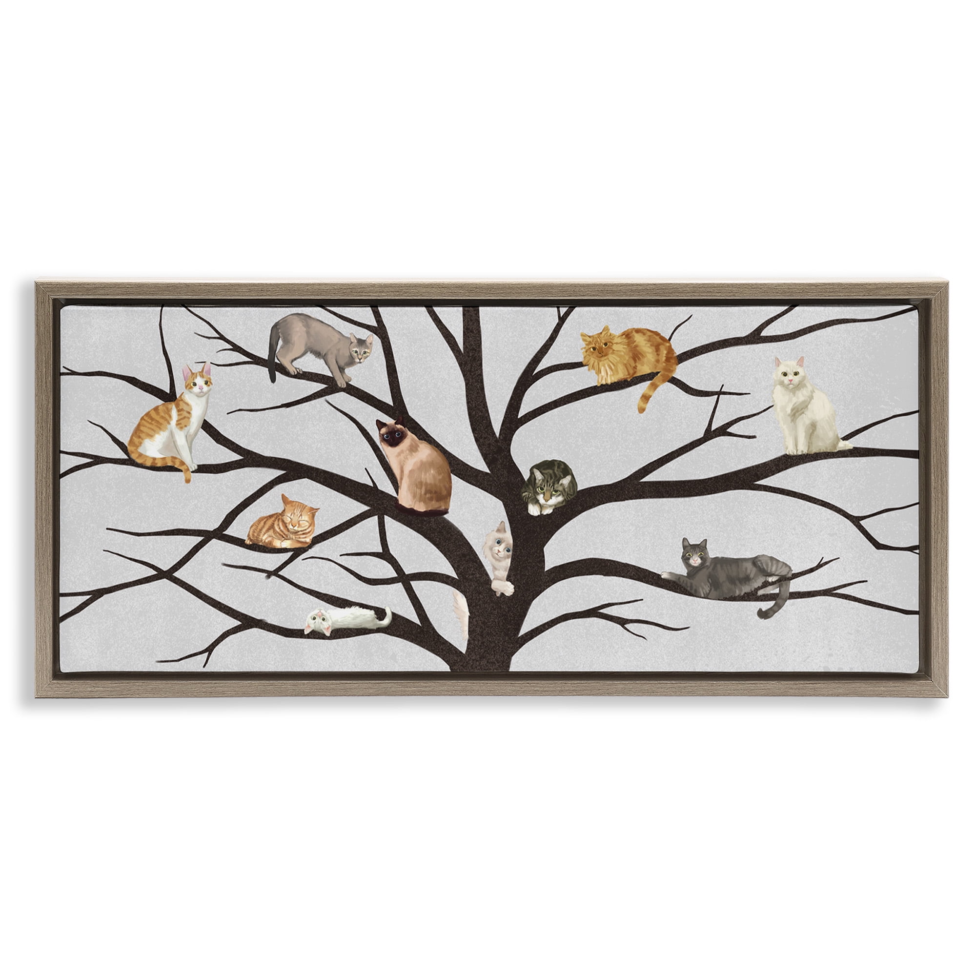 Stupell Industries Cats In Tree Pet Painting Animals & Insects Painting Brown Floater Framed Canvas Art Print Wall Art, 31 x 14