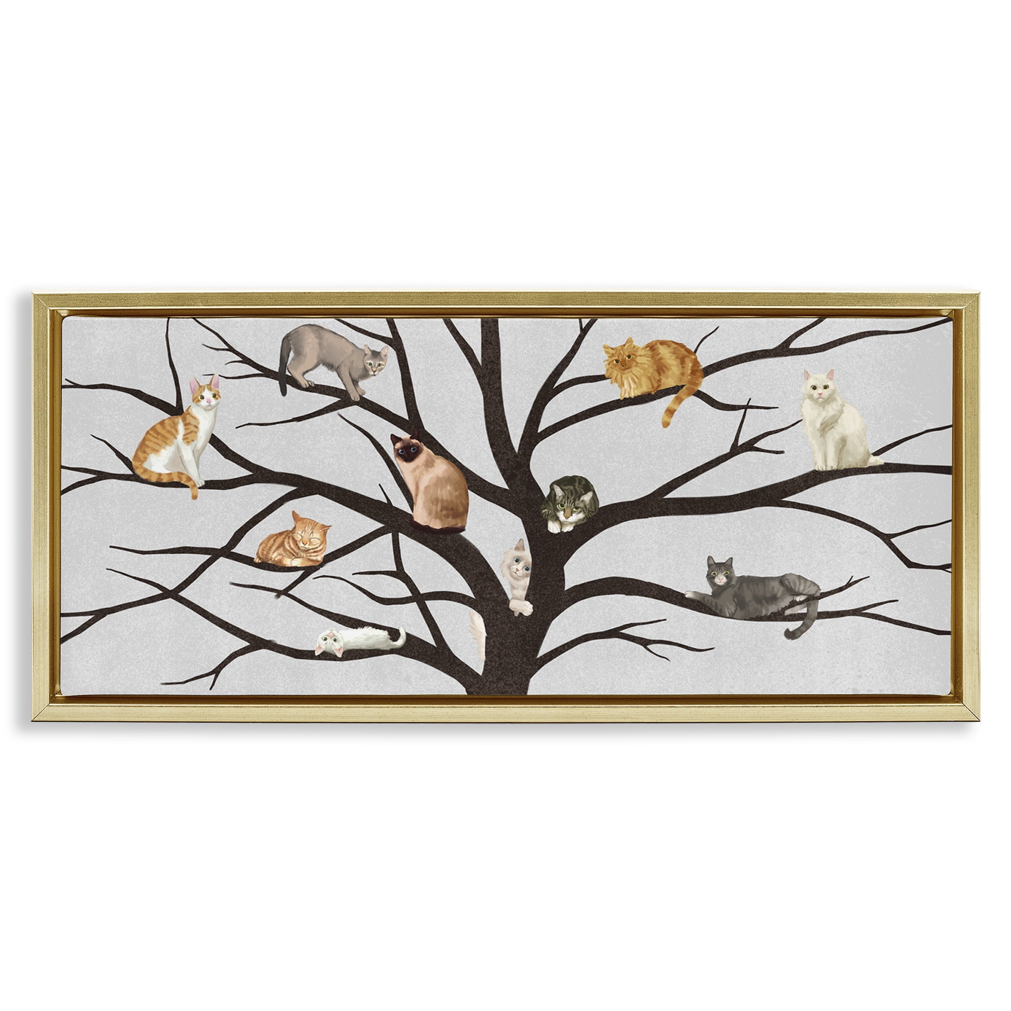 Stupell Industries Cats In Tree Pet Painting Animals & Insects Painting Gold Floater Framed Canvas Art Print Wall Art, 25 x 11