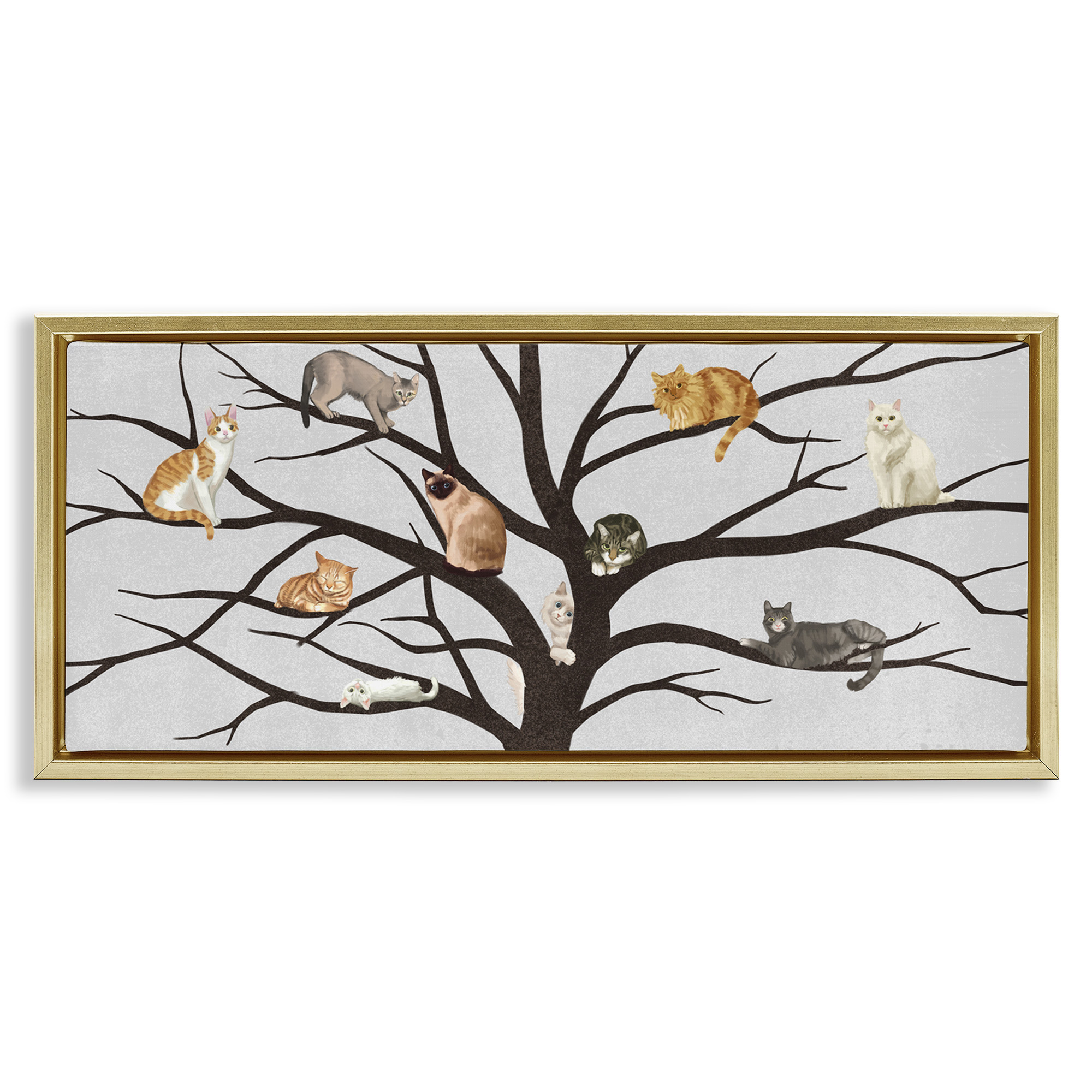 Stupell Industries Cats In Tree Pet Painting Animals & Insects Painting Gold Floater Framed Canvas Art Print Wall Art, 31 x 14