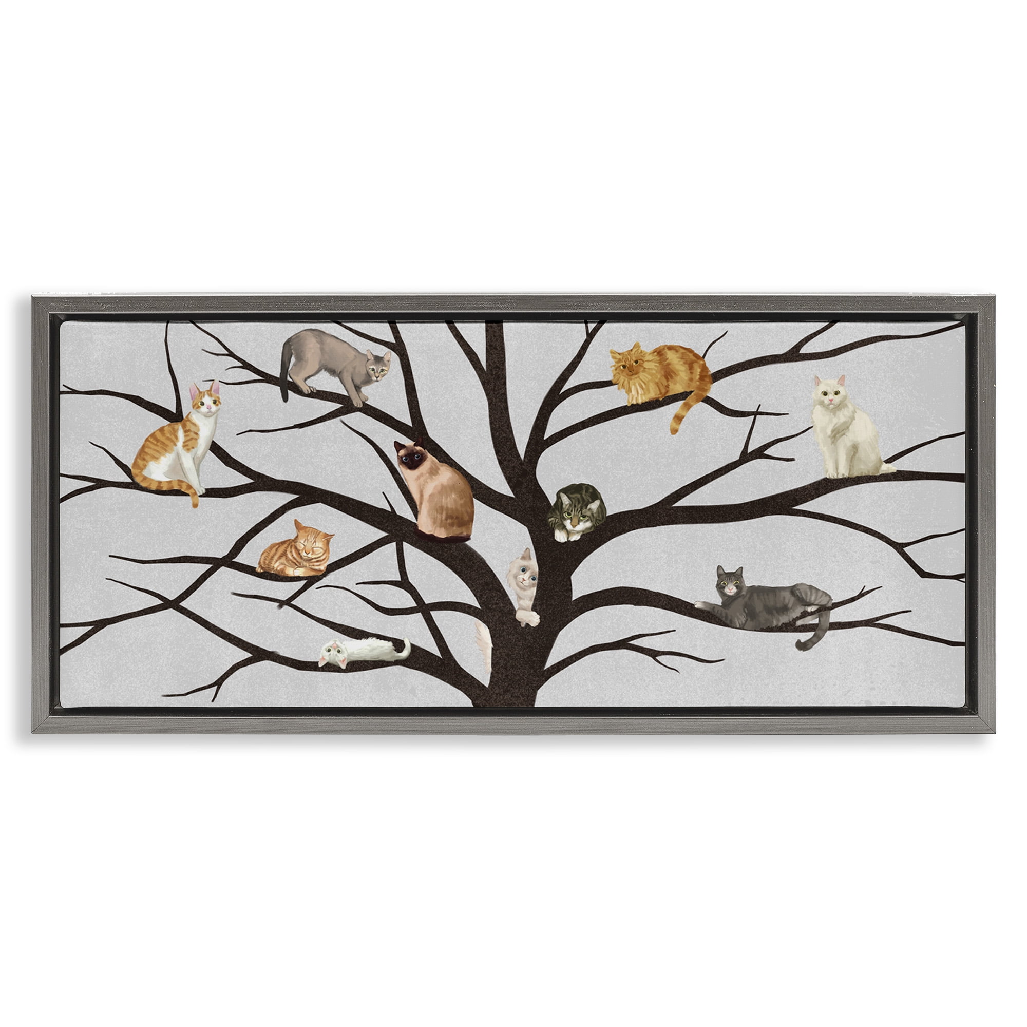 Stupell Industries Cats In Tree Pet Painting Animals & Insects Painting Gray Floater Framed Canvas Art Print Wall Art, 31 x 14