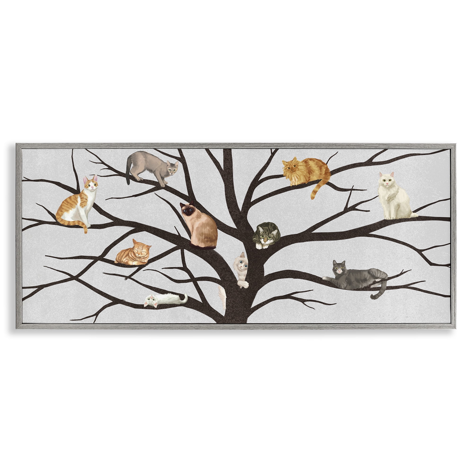 Stupell Industries Cats In Tree Pet Painting Animals & Insects Painting Gray Framed Art Print Wall Art, 24 x 10