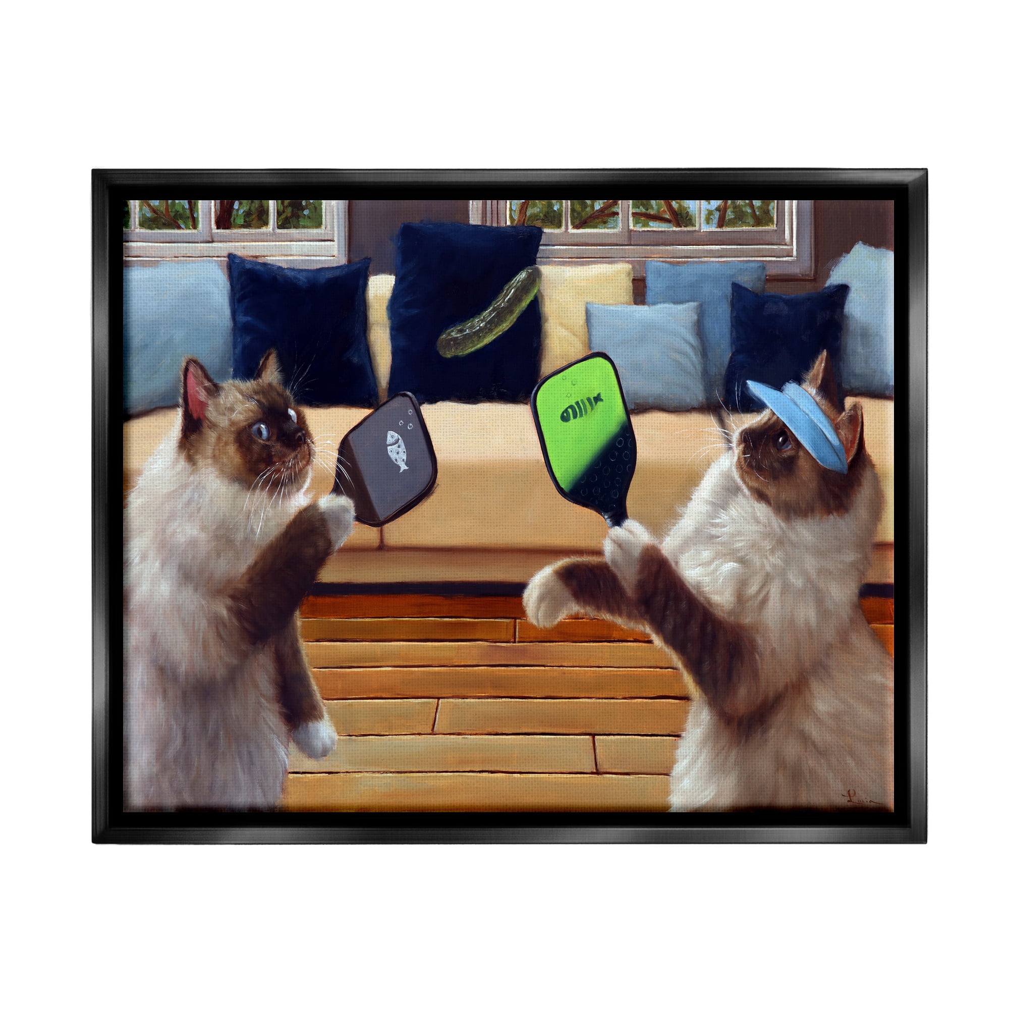Stupell Industries Cats Playing Ping Pong Animals & Insects Painting Black Floater Framed Canvas Art Print Wall Art, 31 x 25
