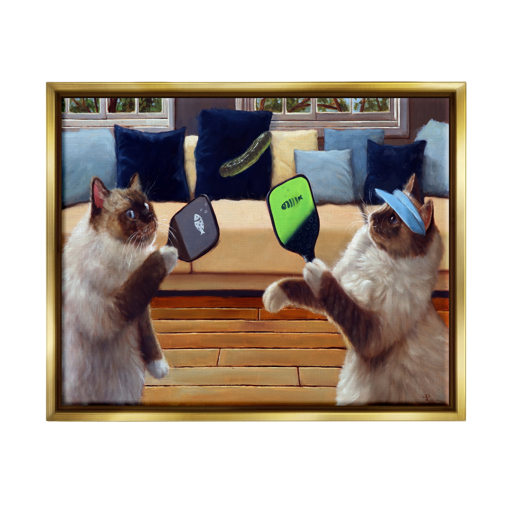 Stupell Industries Cats Playing Ping Pong Animals & Insects Painting Gold Floater Framed Canvas Art Print Wall Art, 31 x 25
