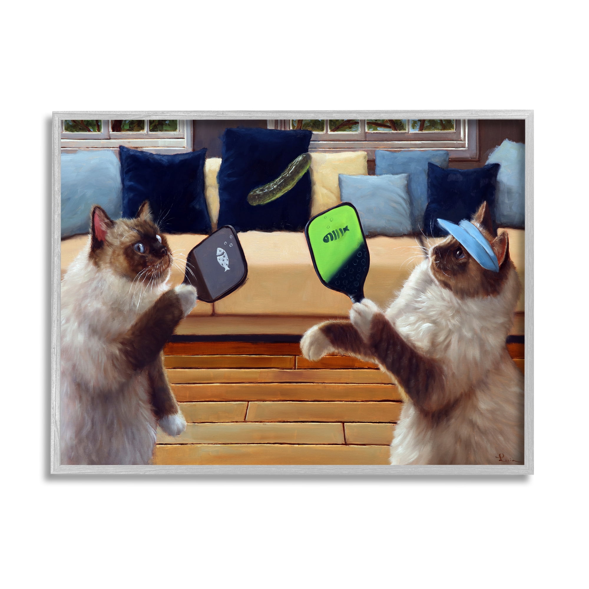 Stupell Industries Cats Playing Ping Pong Animals & Insects Painting Gray Framed Art Print Wall Art, 14 x 11