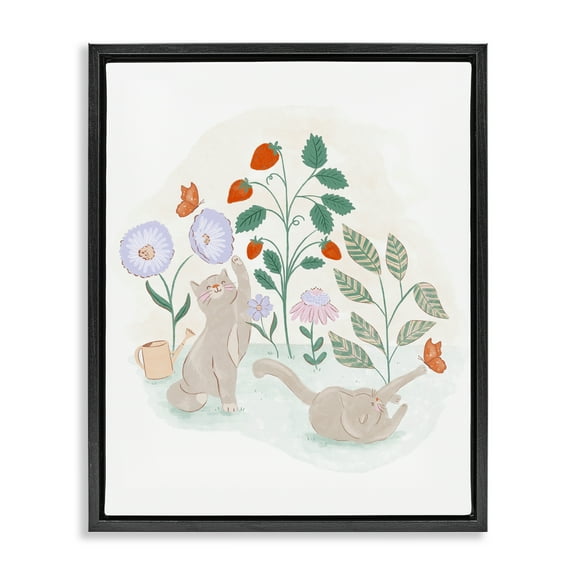 Stupell Industries Cats Playing in Garden Animals & Insects Painting Black Floater Framed Canvas Art Print Wall Art, 17 x 21
