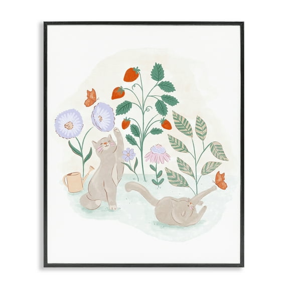 Stupell Industries Cats Playing in Garden Animals & Insects Painting Black Framed Art Print Wall Art, 11 x 14