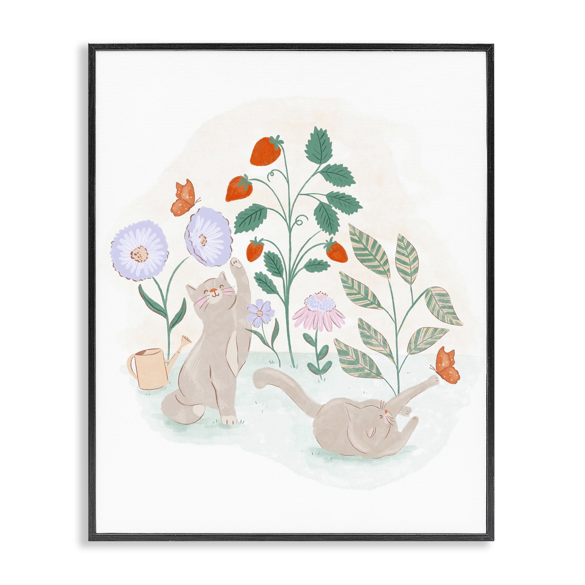 Stupell Industries Cats Playing in Garden Animals & Insects Painting Black Framed Art Print Wall Art, 16 x 20