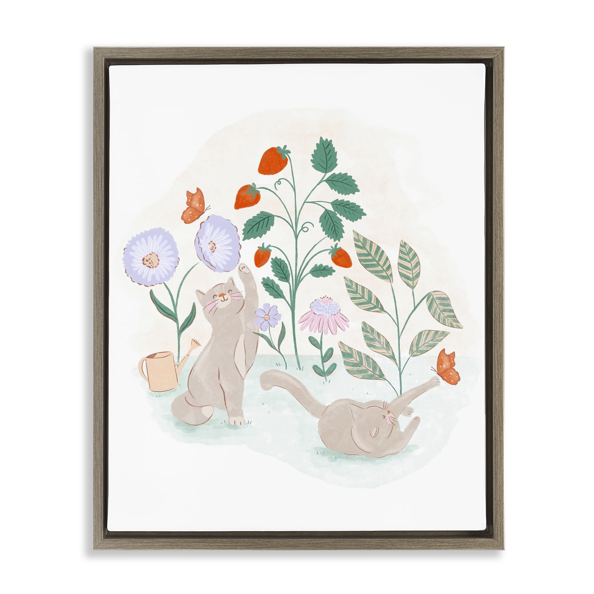 Stupell Industries Cats Playing in Garden Animals & Insects Painting Brown Floater Framed Canvas Art Print Wall Art, 17 x 21