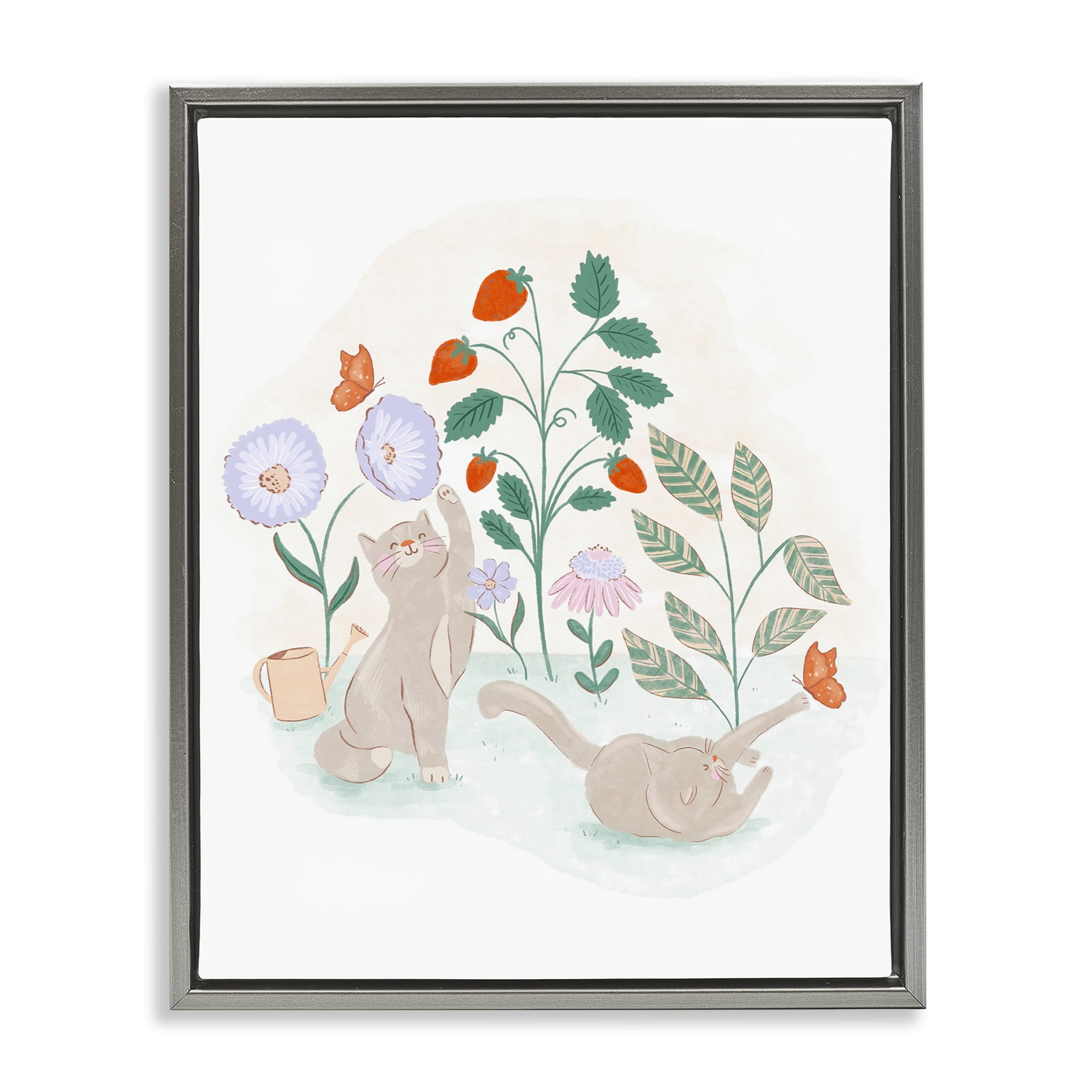 Stupell Industries Cats Playing in Garden Animals & Insects Painting Gray Floater Framed Canvas Art Print Wall Art, 25 x 31