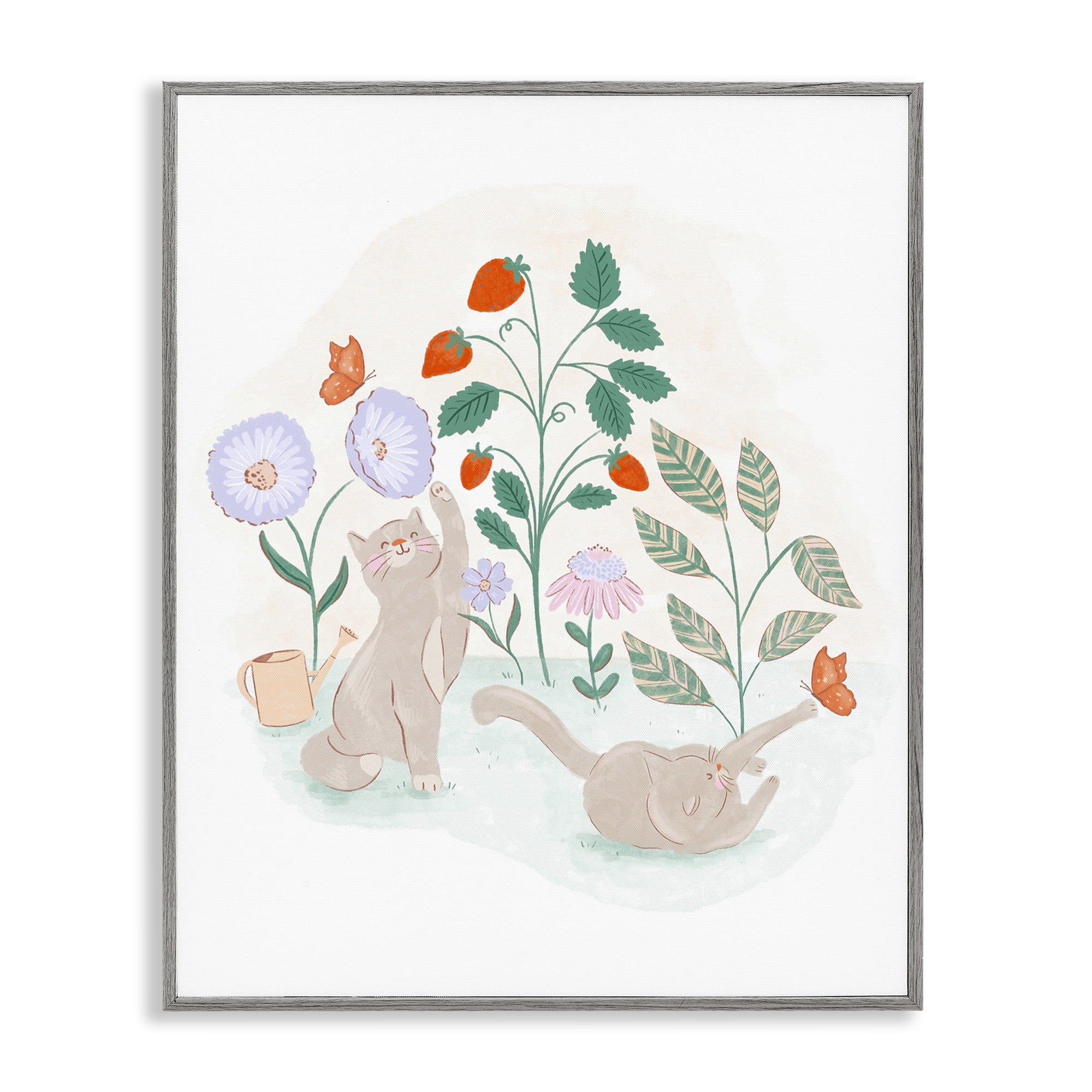 Stupell Industries Cats Playing in Garden Animals & Insects Painting Gray Framed Art Print Wall Art, 11 x 14