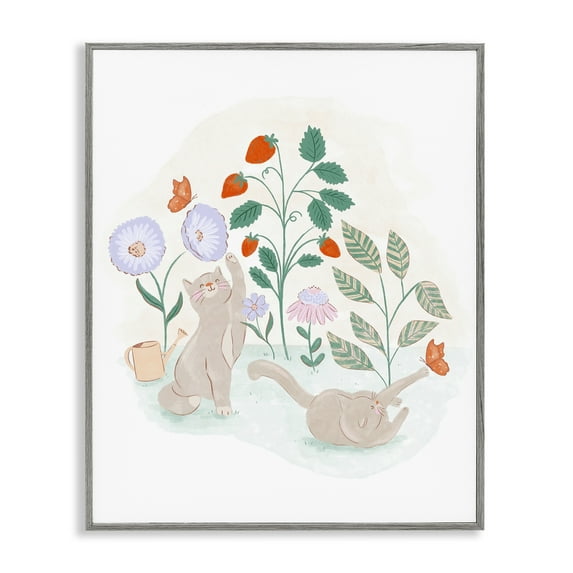 Stupell Industries Cats Playing in Garden Animals & Insects Painting Gray Framed Art Print Wall Art, 16 x 20