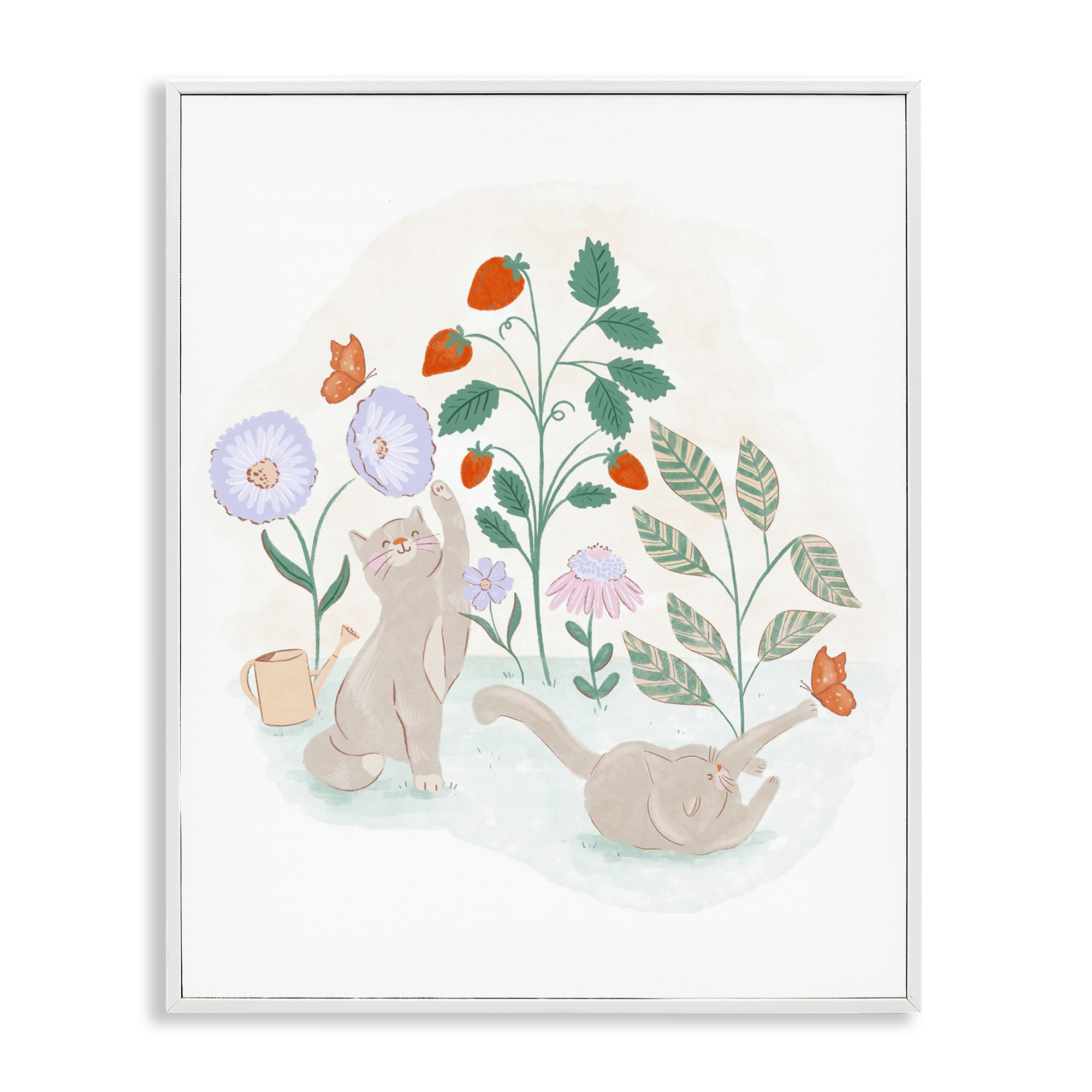 Stupell Industries Cats Playing in Garden Animals & Insects Painting White Framed Art Print Wall Art, 11 x 14