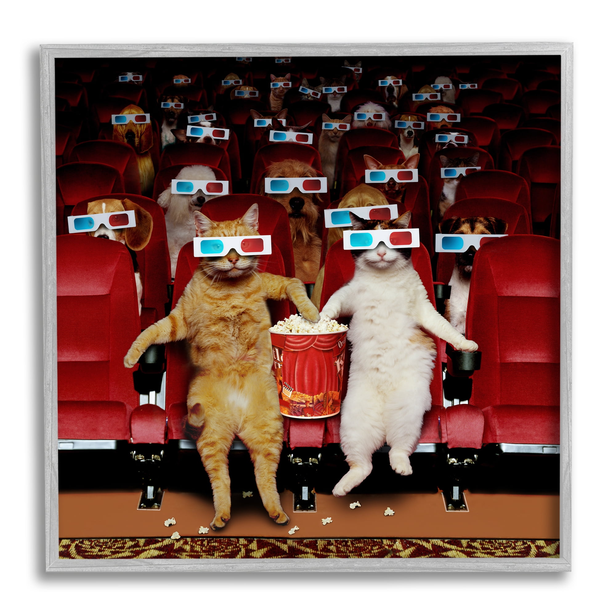 Stupell Industries Cats at 3D Movie Theater Animals & Insects Painting Gray Framed Art Print Wall Art, 17 x 17