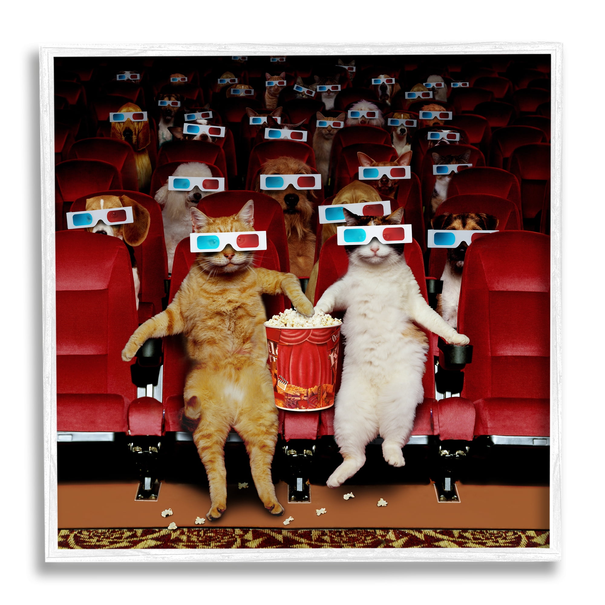 Stupell Industries Cats at 3D Movie Theater Animals & Insects Painting White Framed Art Print Wall Art, 12 x 12