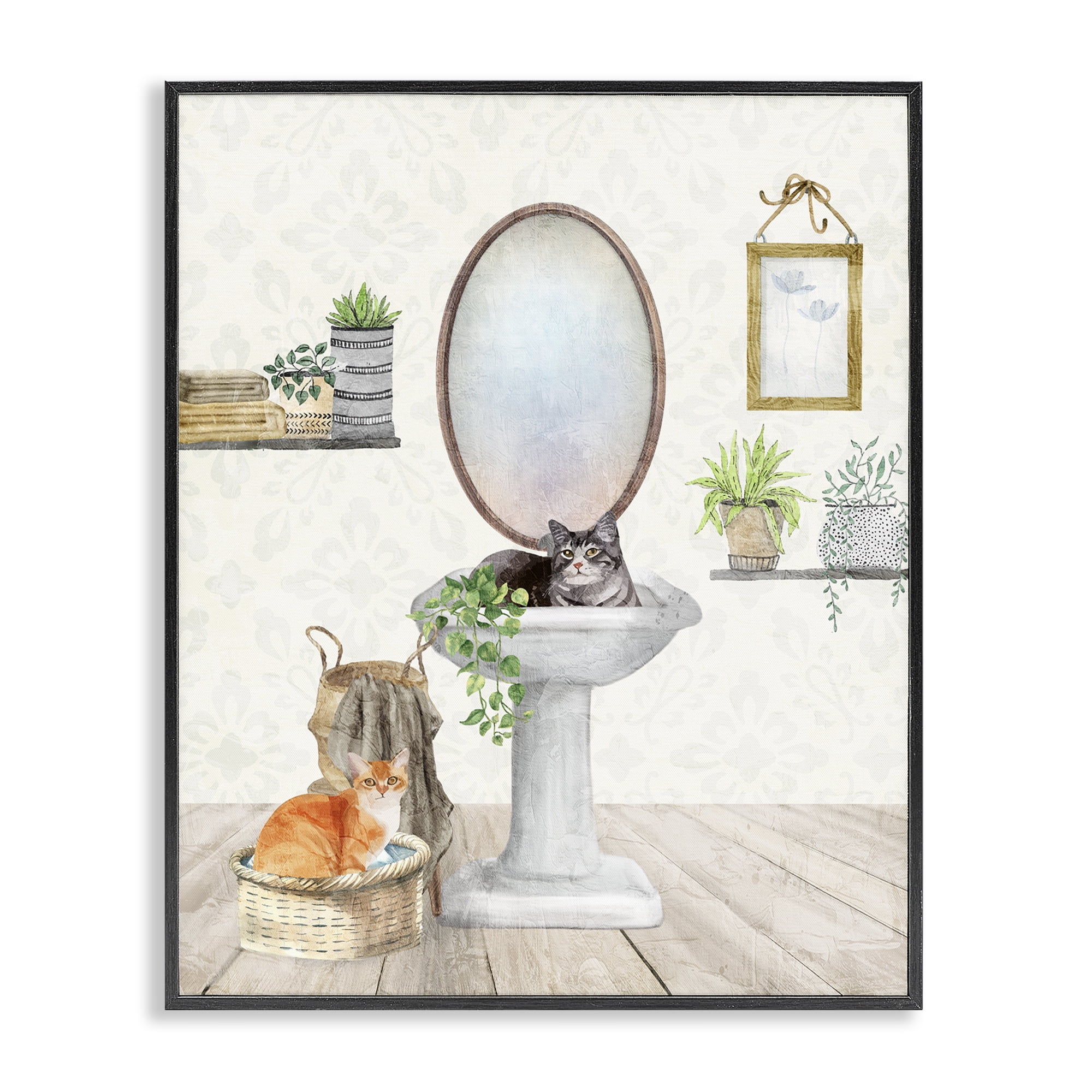 Stupell Industries Cats in Bathroom Scene Bath & Laundry Painting Black Framed Art Print Wall Art, 11 x 14