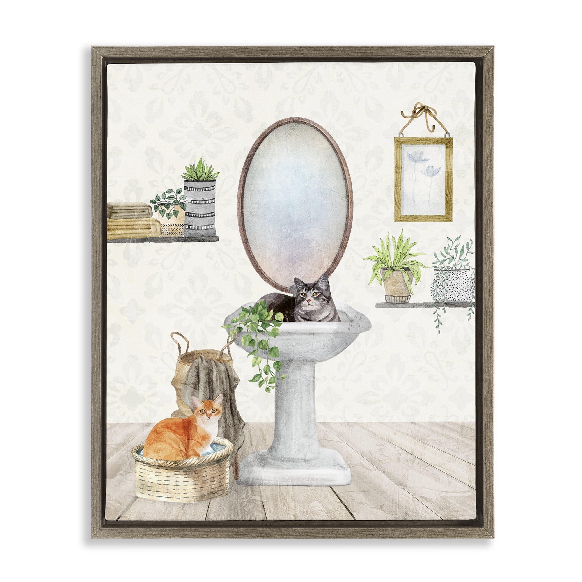 Stupell Industries Cats in Bathroom Scene Bath & Laundry Painting Brown Floater Framed Canvas Art Print Wall Art, 17 x 21