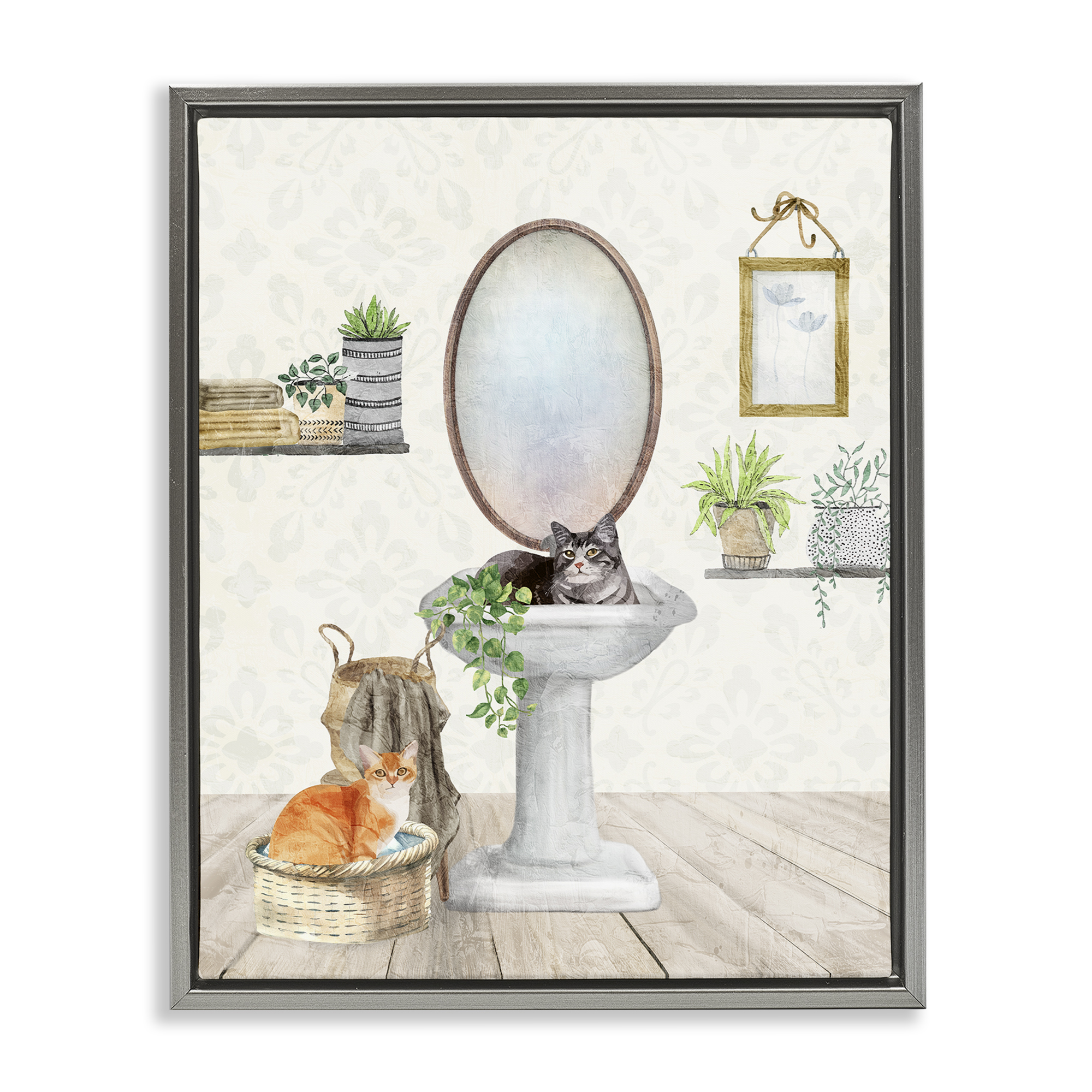 Stupell Industries Cats in Bathroom Scene Bath & Laundry Painting Gray Floater Framed Canvas Art Print Wall Art, 17 x 21