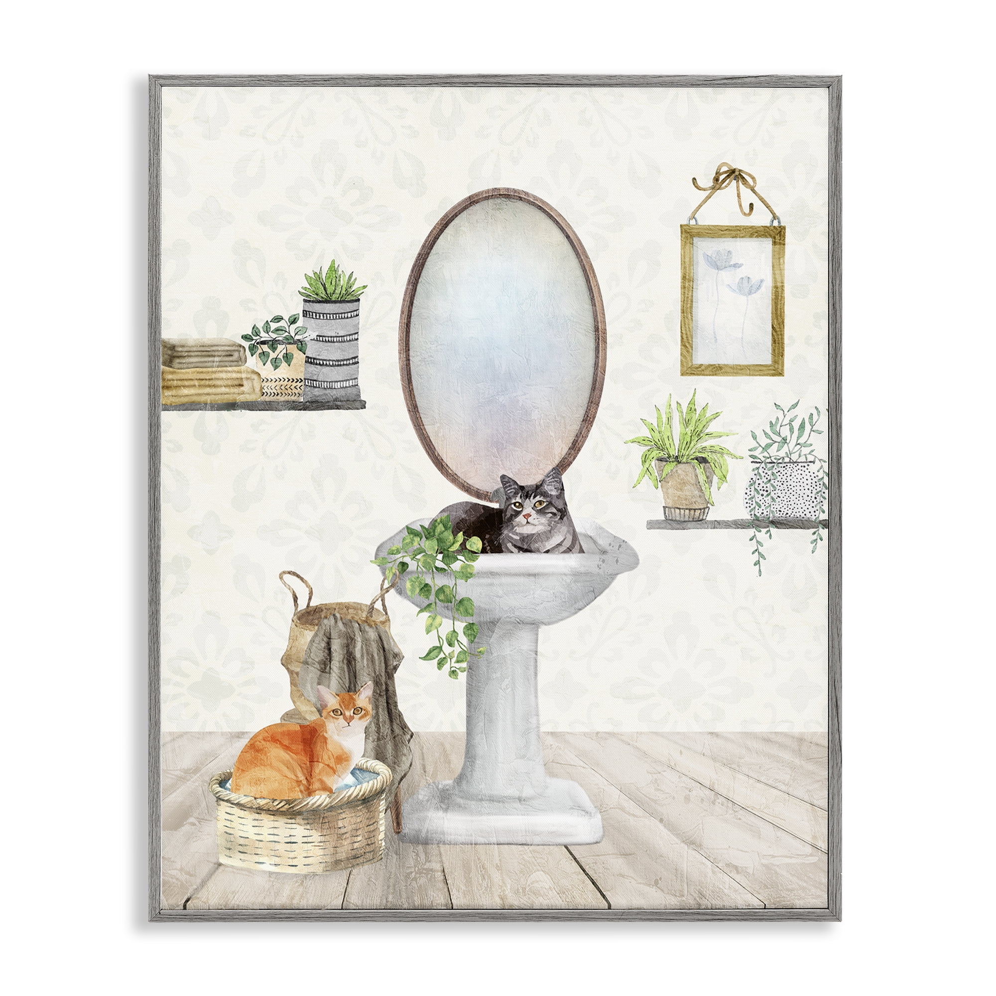 Stupell Industries Cats in Bathroom Scene Bath & Laundry Painting Gray Framed Art Print Wall Art, 16 x 20