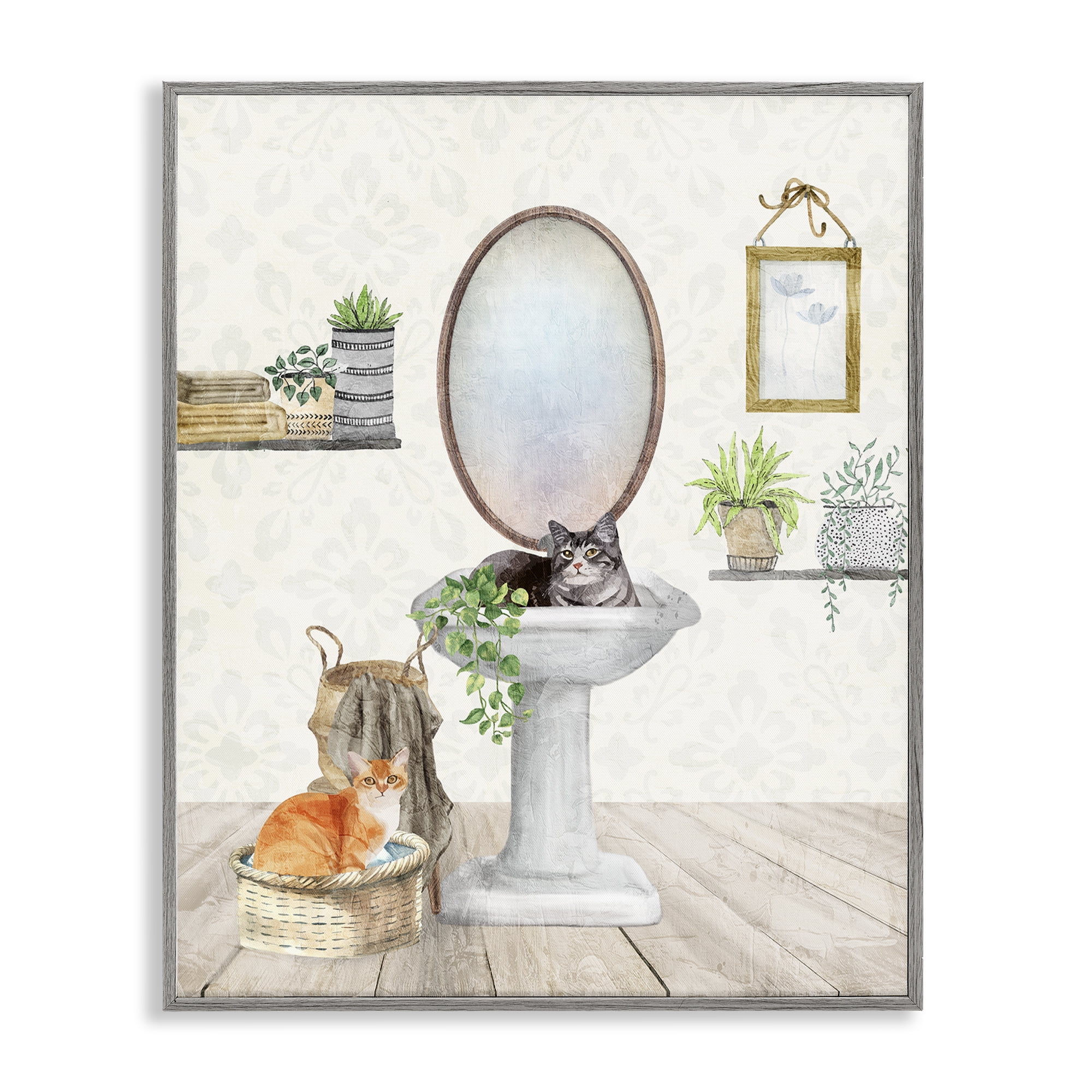 Stupell Industries Cats in Bathroom Scene Bath & Laundry Painting Gray Framed Art Print Wall Art, 24 x 30
